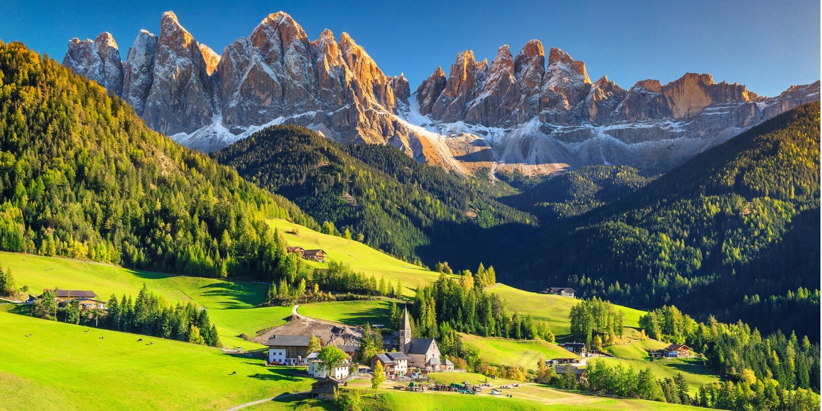 Santa Maddalena village with magical Dolomites mountains in background, Val di Funes valley, Trentino Alto Adige region, Italy, Europe