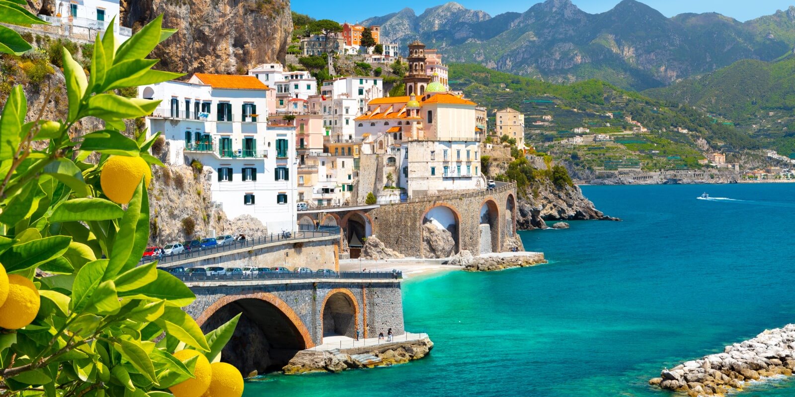 Morning view of Amalfi cityscape on coast line of mediterranean sea, Italy