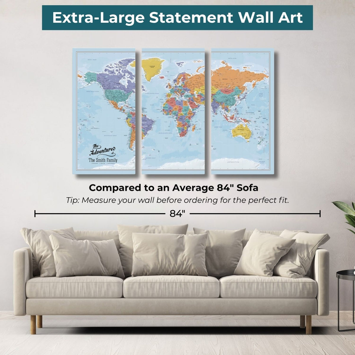 3 Panel - Blue Oceans World Large Travel Map