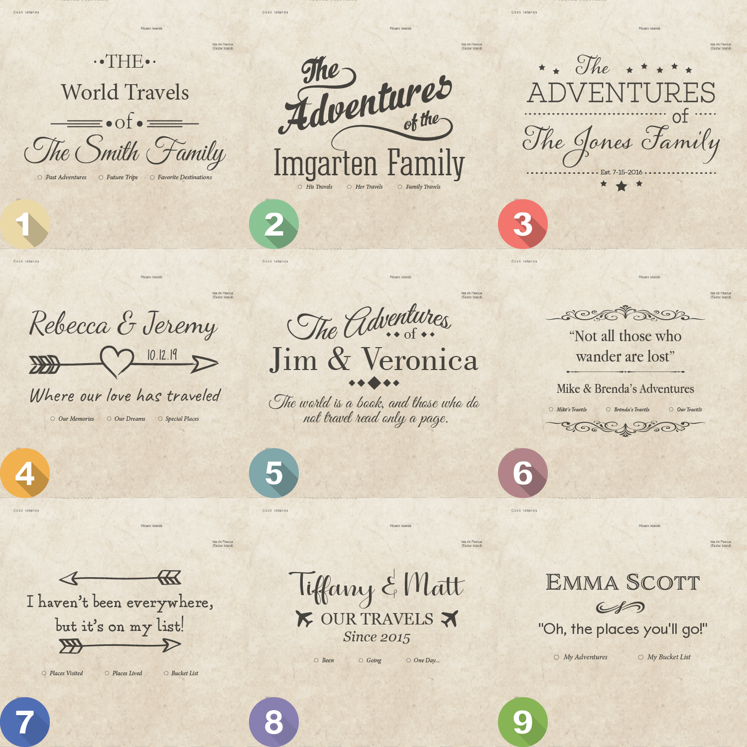 Nine personalized Sandy Dreams world map poster design options with vintage typography styles on sandy beige canvas