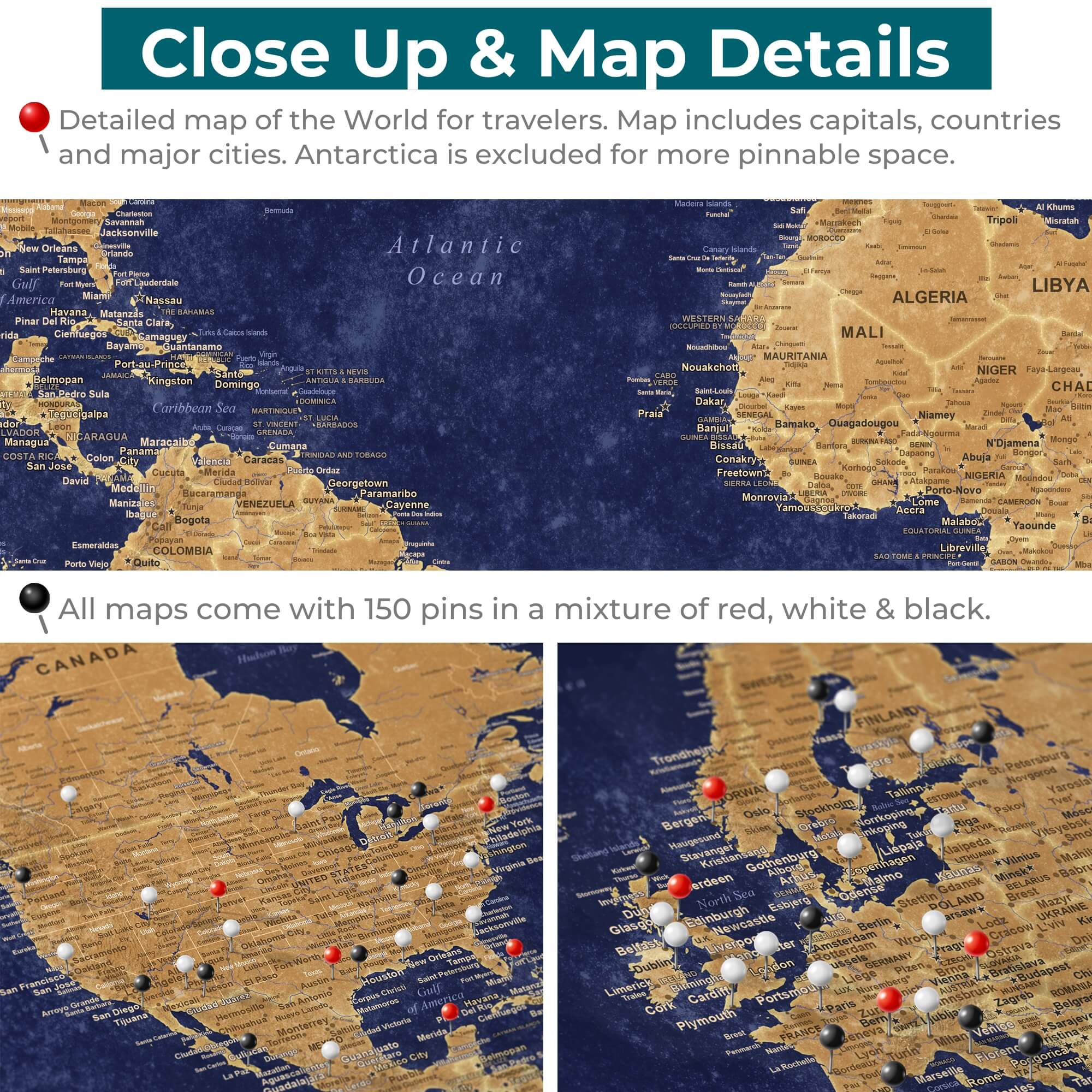 Close up of Gold & Navy World Map Rolled Canvas Poster