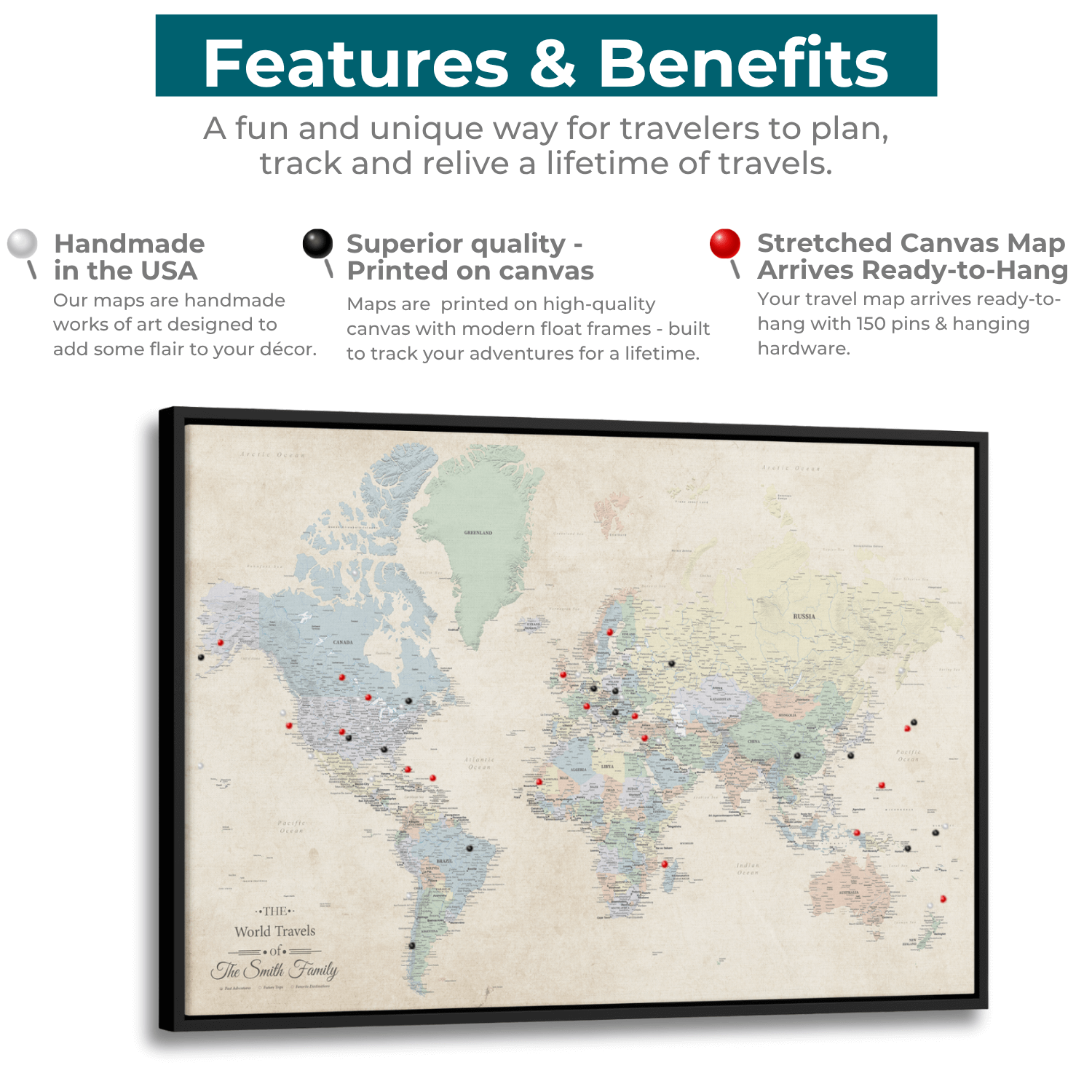 Sandy Dreams canvas world travel map with red and black push pins marking destinations in black float frame