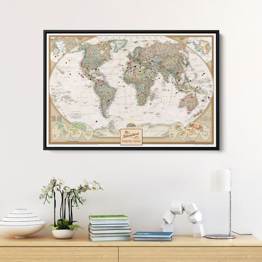 Framed National Geographic executive world travel map canvas with red and black pins marking destinations, displayed above wooden console table with books and orchid plant