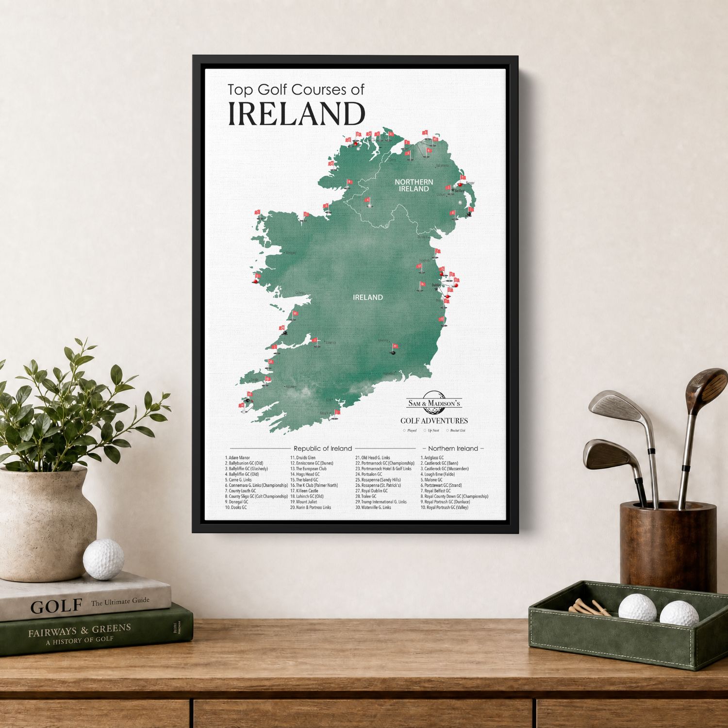 Canvas - Ireland Golf Courses Travel Map with Pins