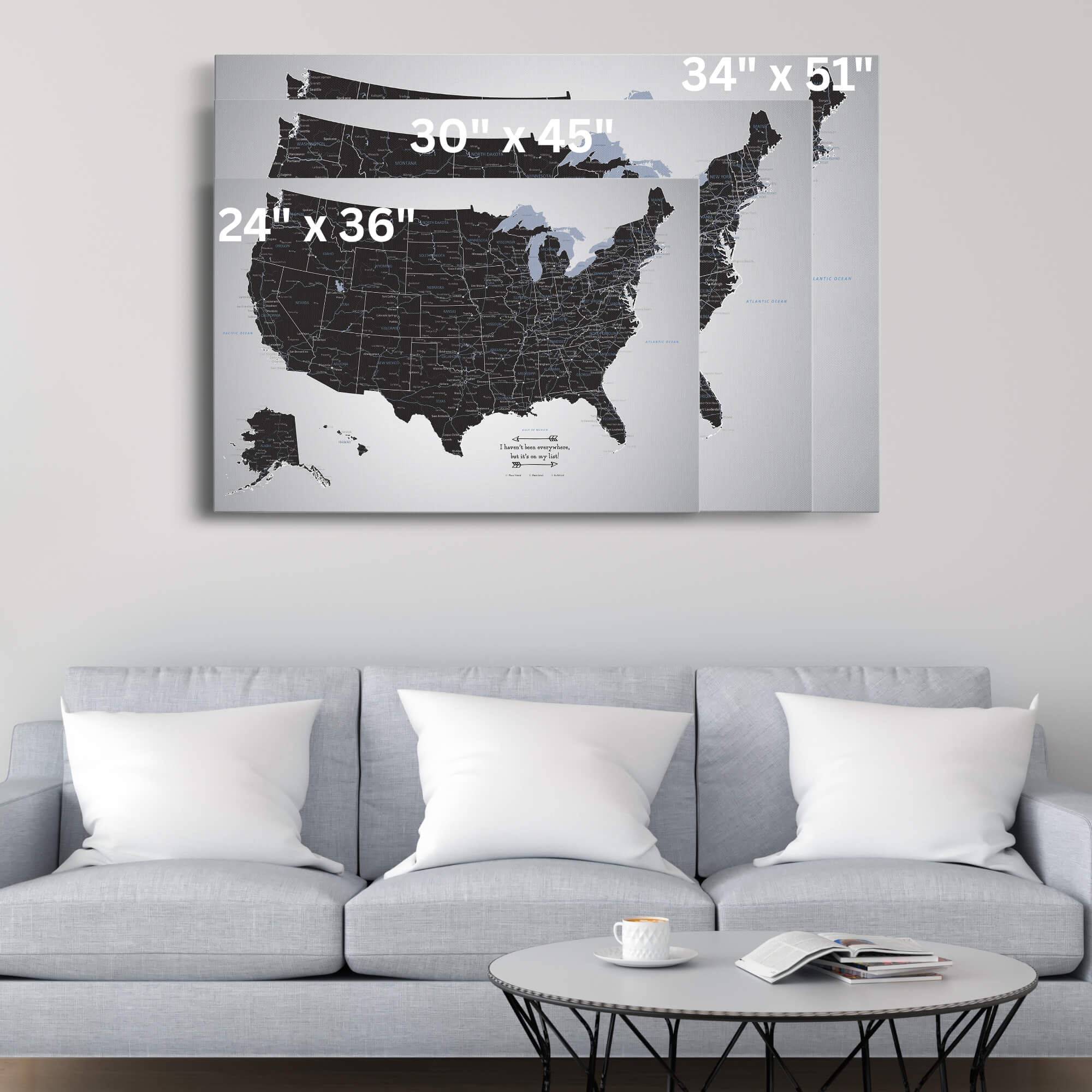 Gallery Wrapped - Black Ice USA Travel Map with pins