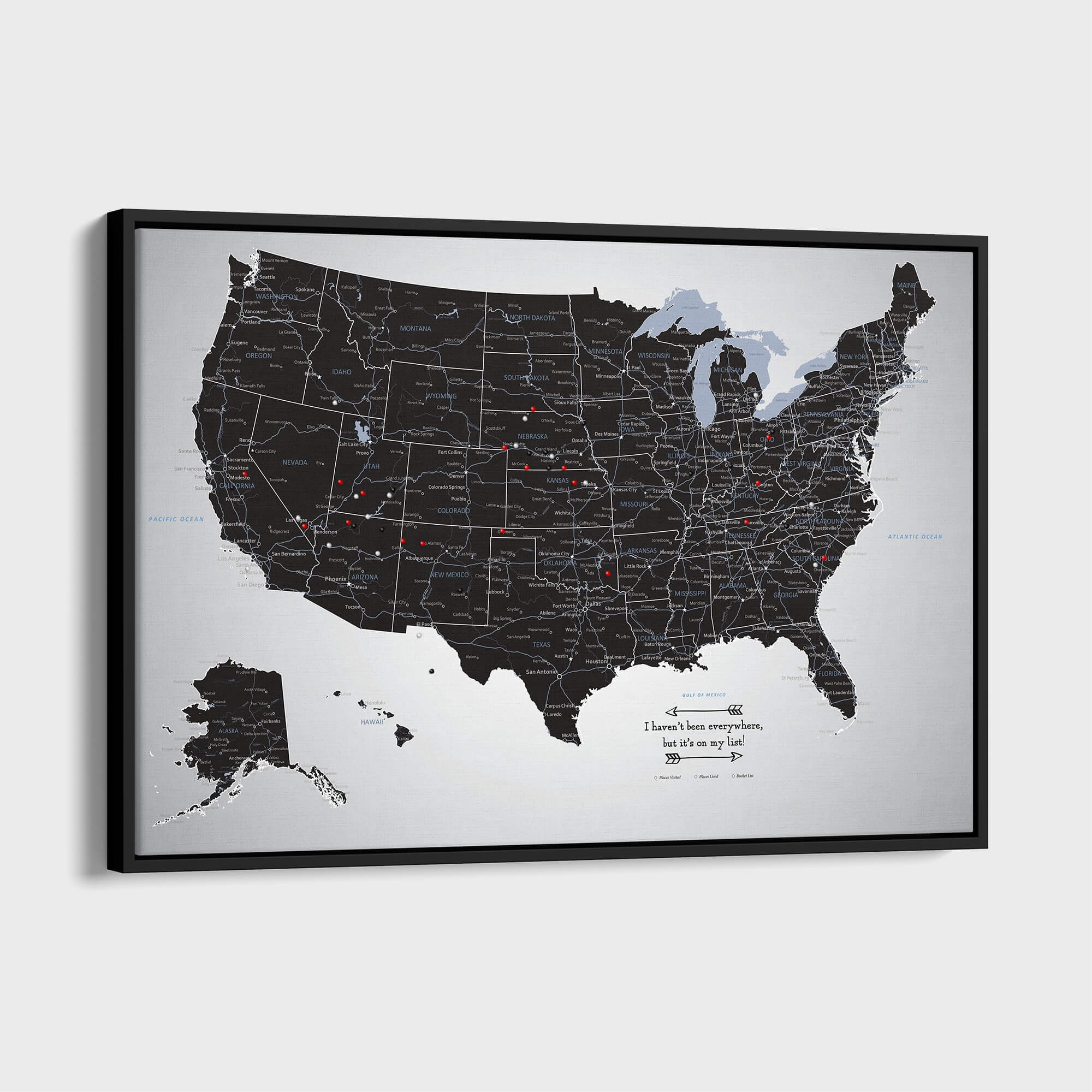 Canvas - Black Ice USA Travel Map with pins