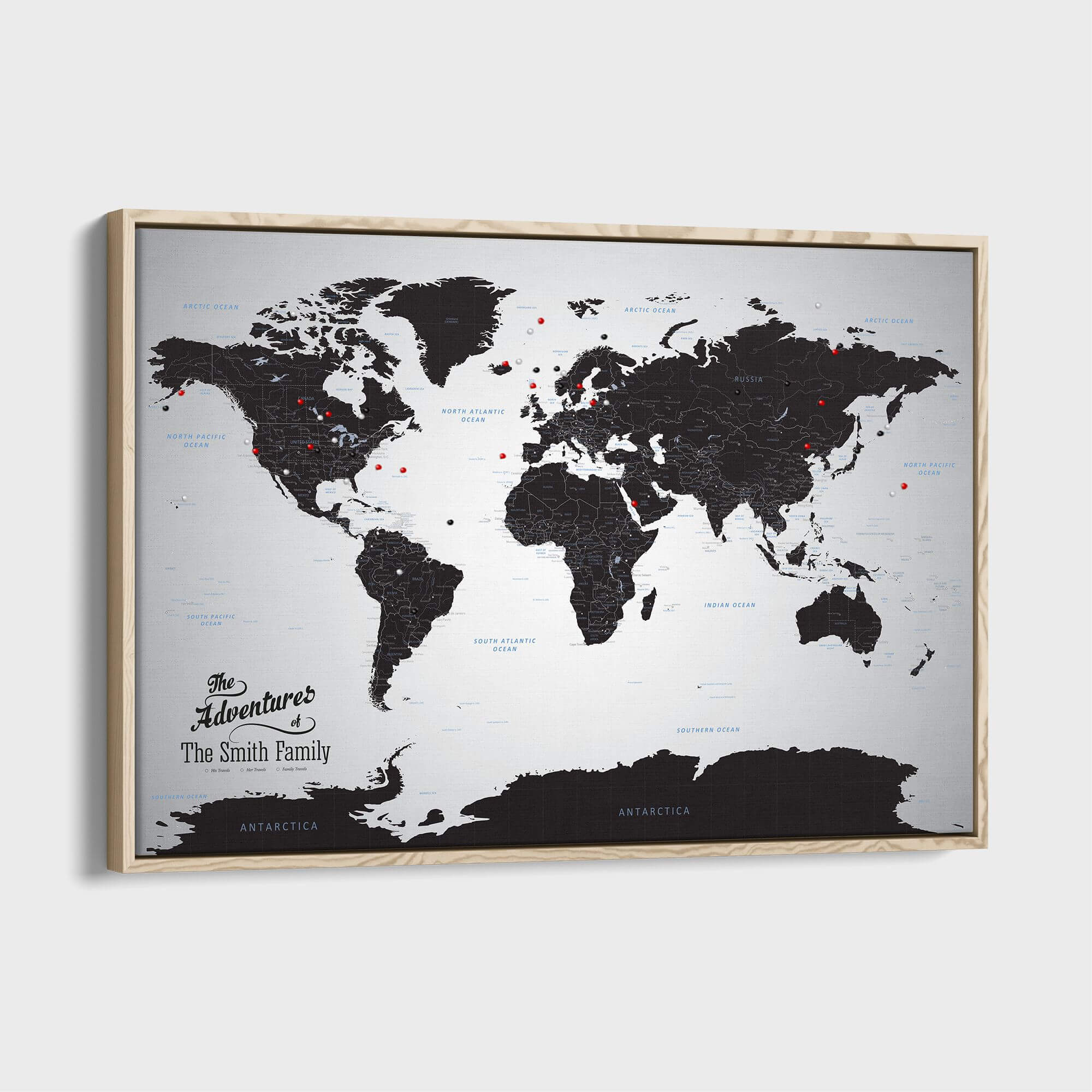 Canvas - Black Ice World Travel Map with pins