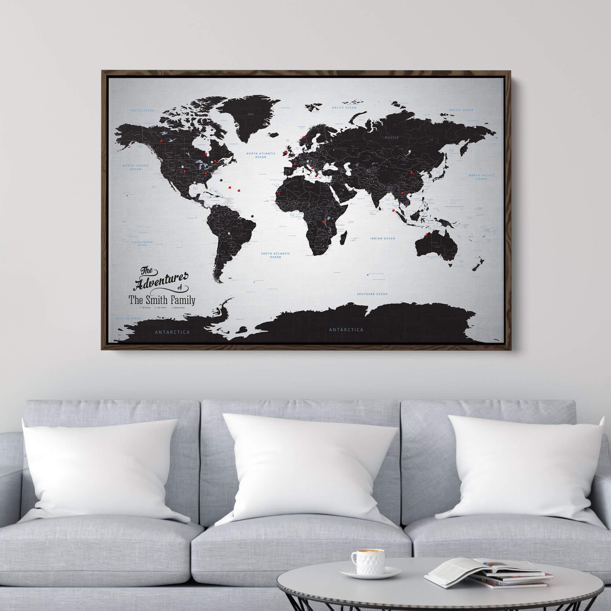 Canvas - Black Ice World Travel Map with pins