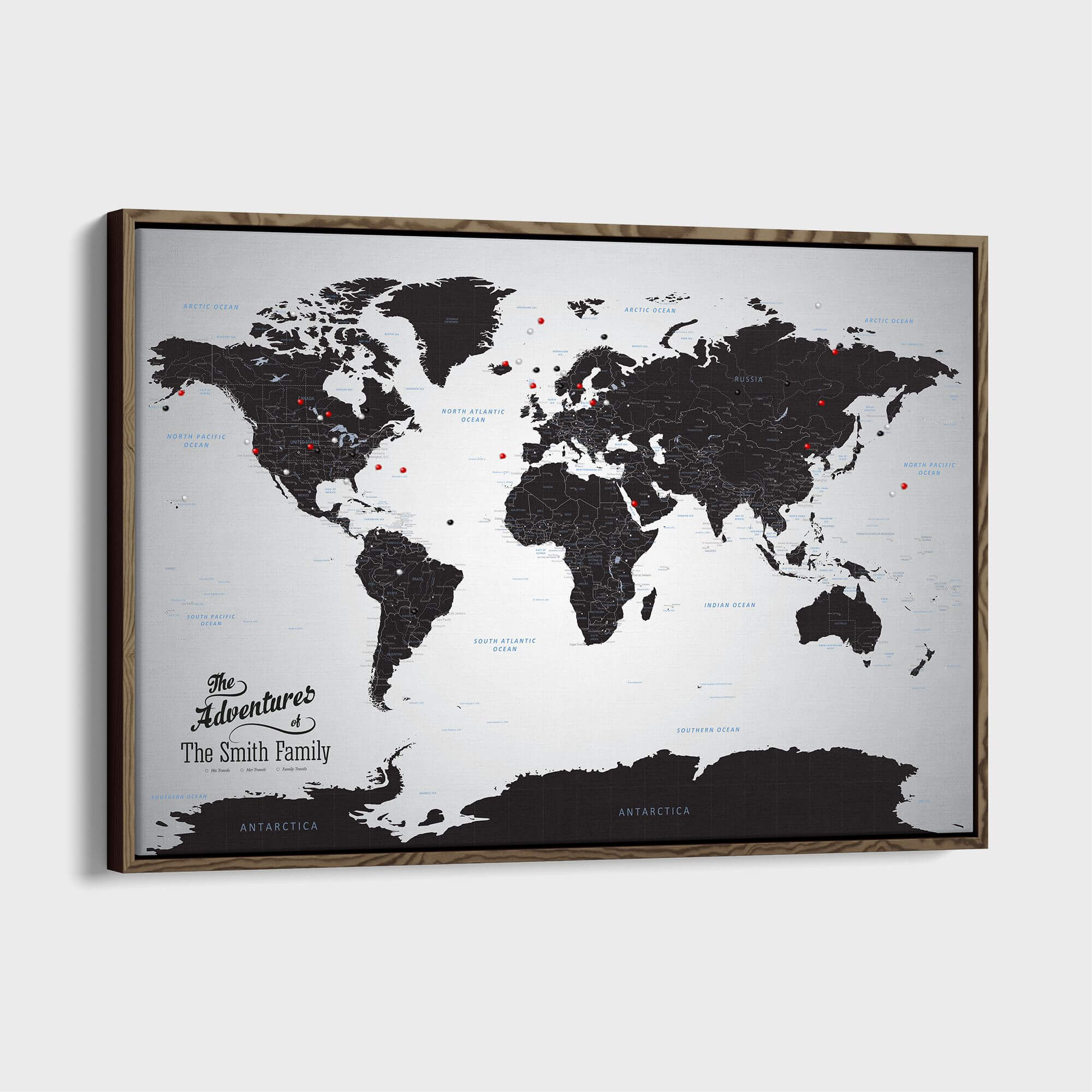Canvas - Black Ice World Travel Map with pins