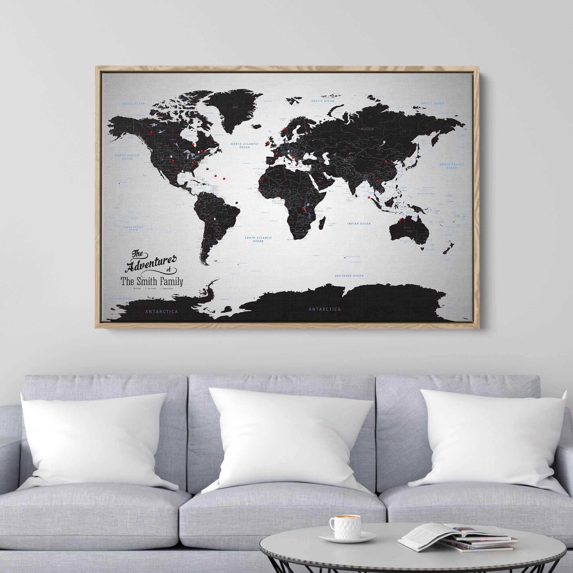 Canvas - Black Ice World Travel Map with pins