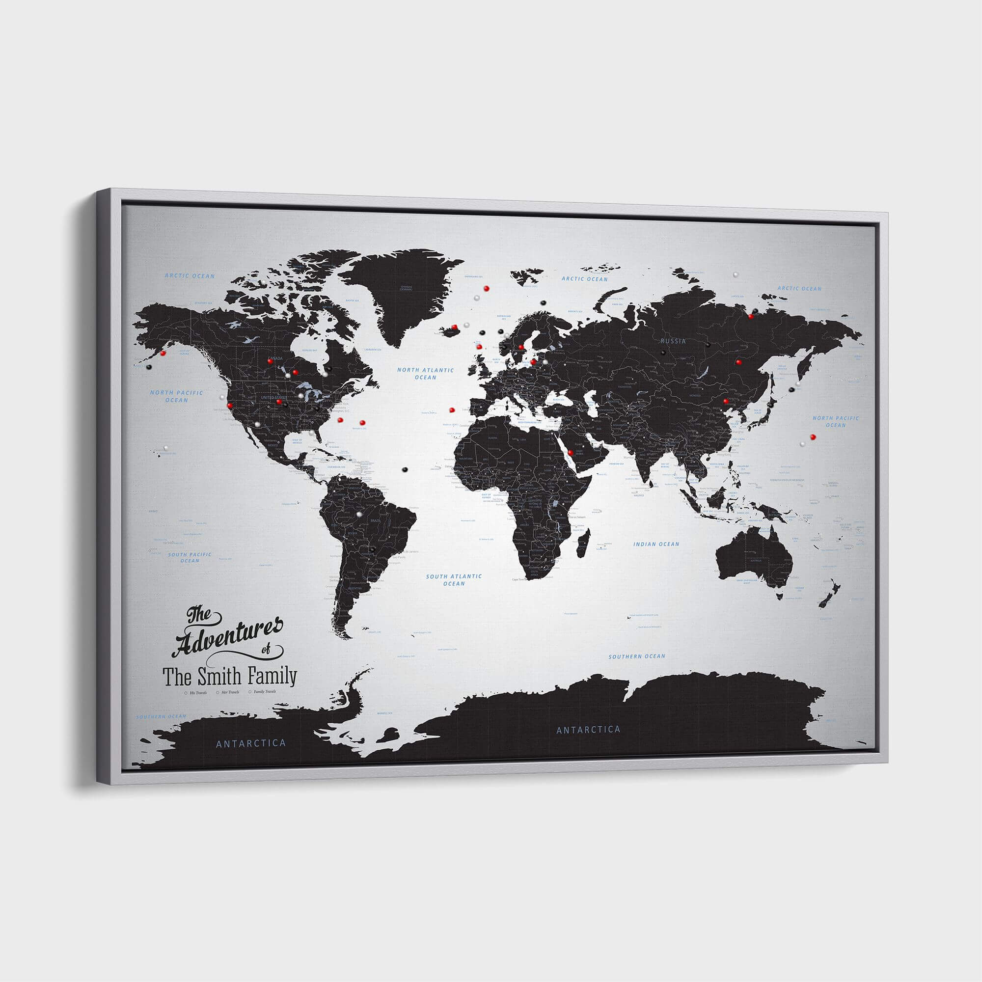 Canvas - Black Ice World Travel Map with pins