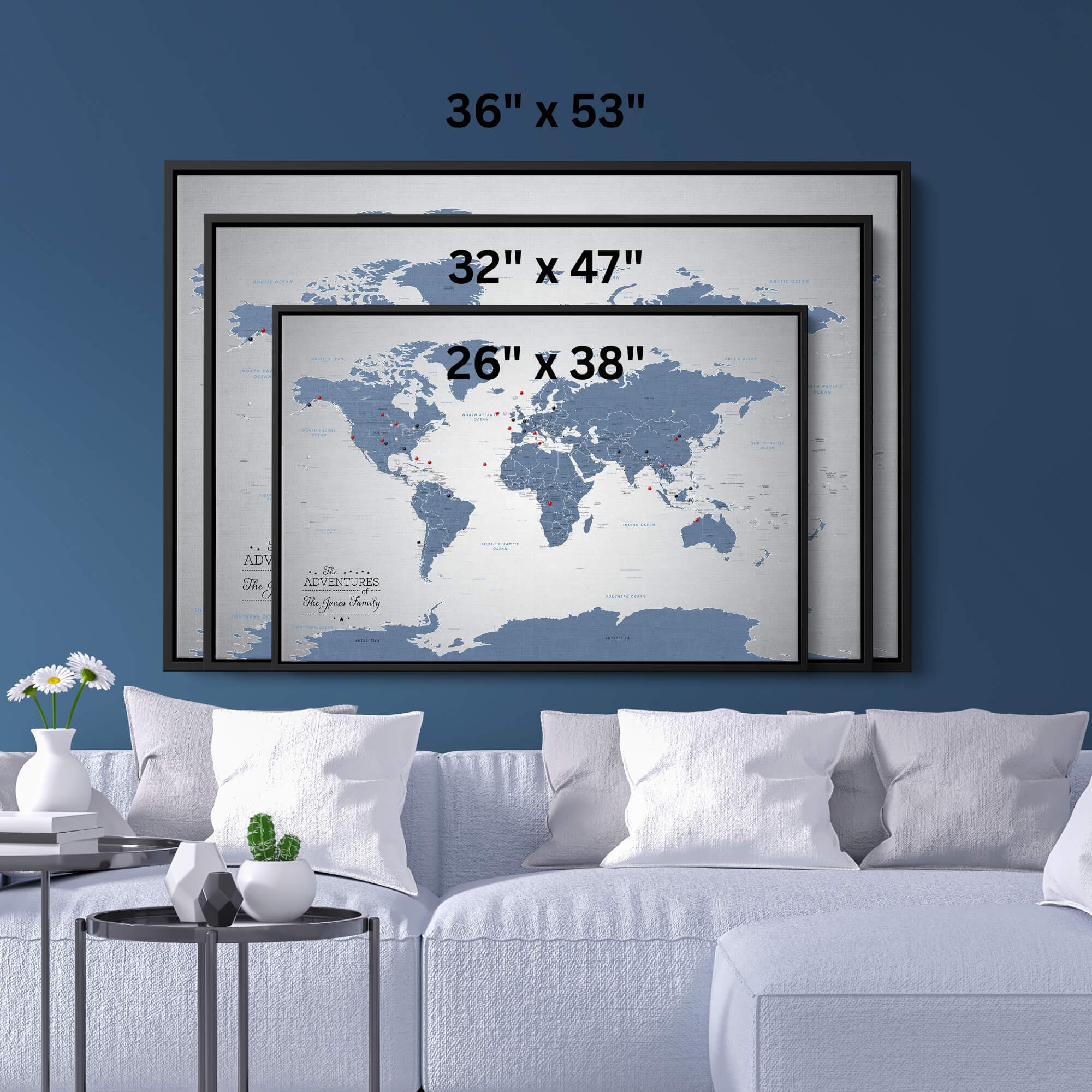 Canvas - Blue Ice World Push Pin Travel Map with pins