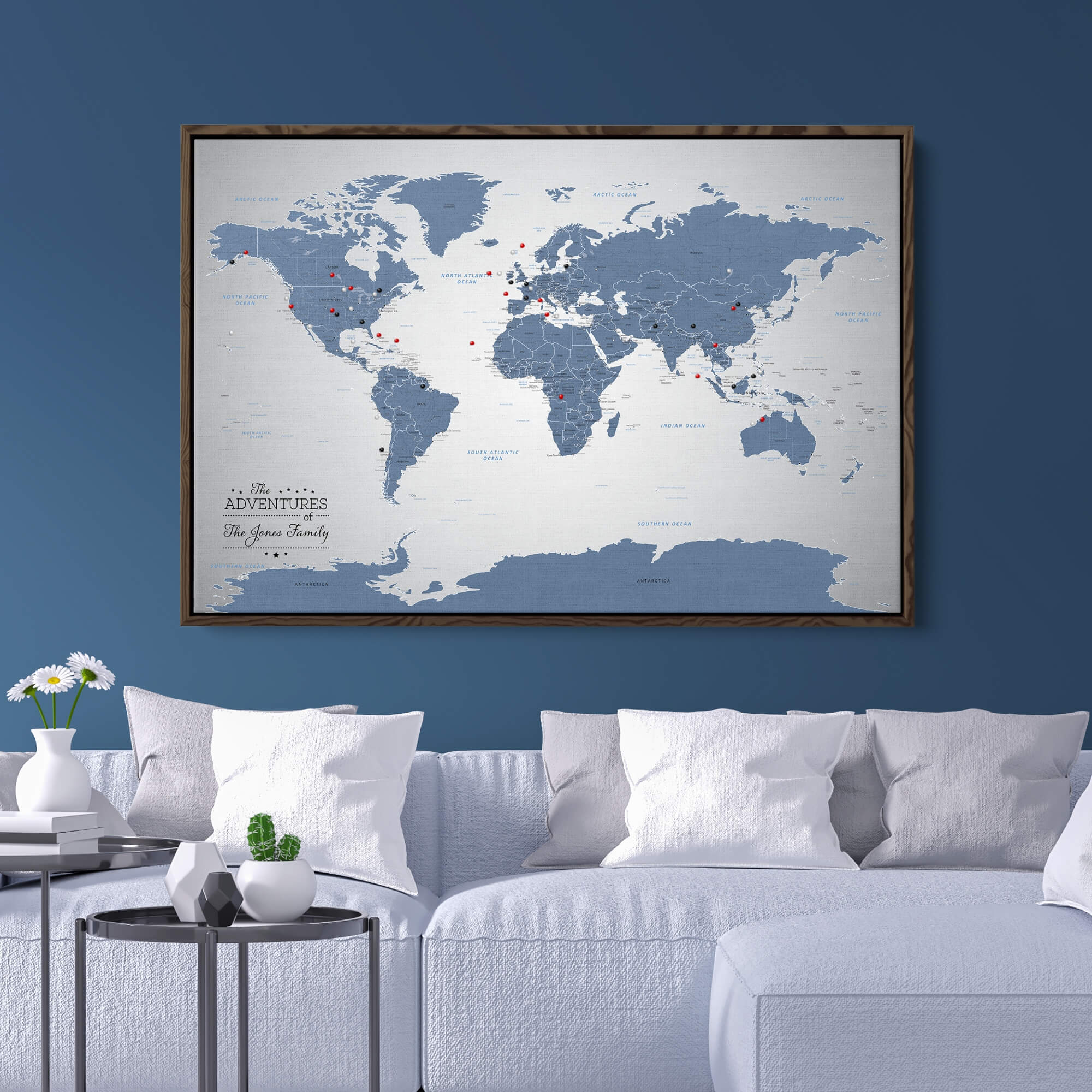 Canvas - Blue Ice World Push Pin Travel Map with pins