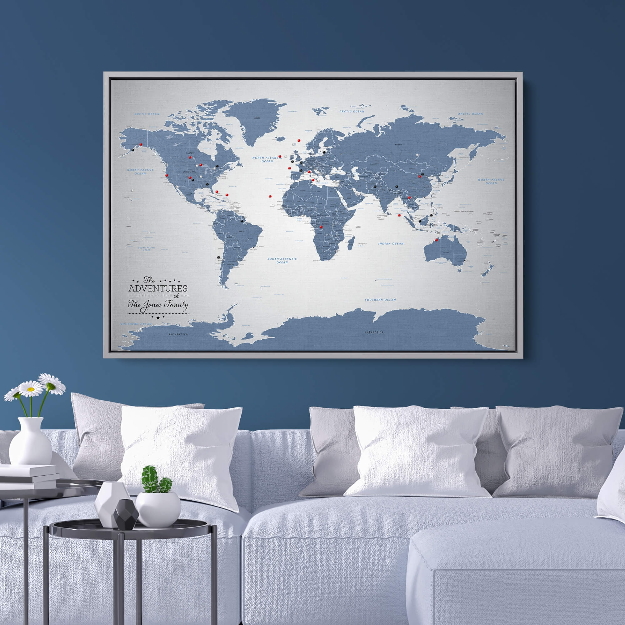 Canvas - Blue Ice World Push Pin Travel Map with pins
