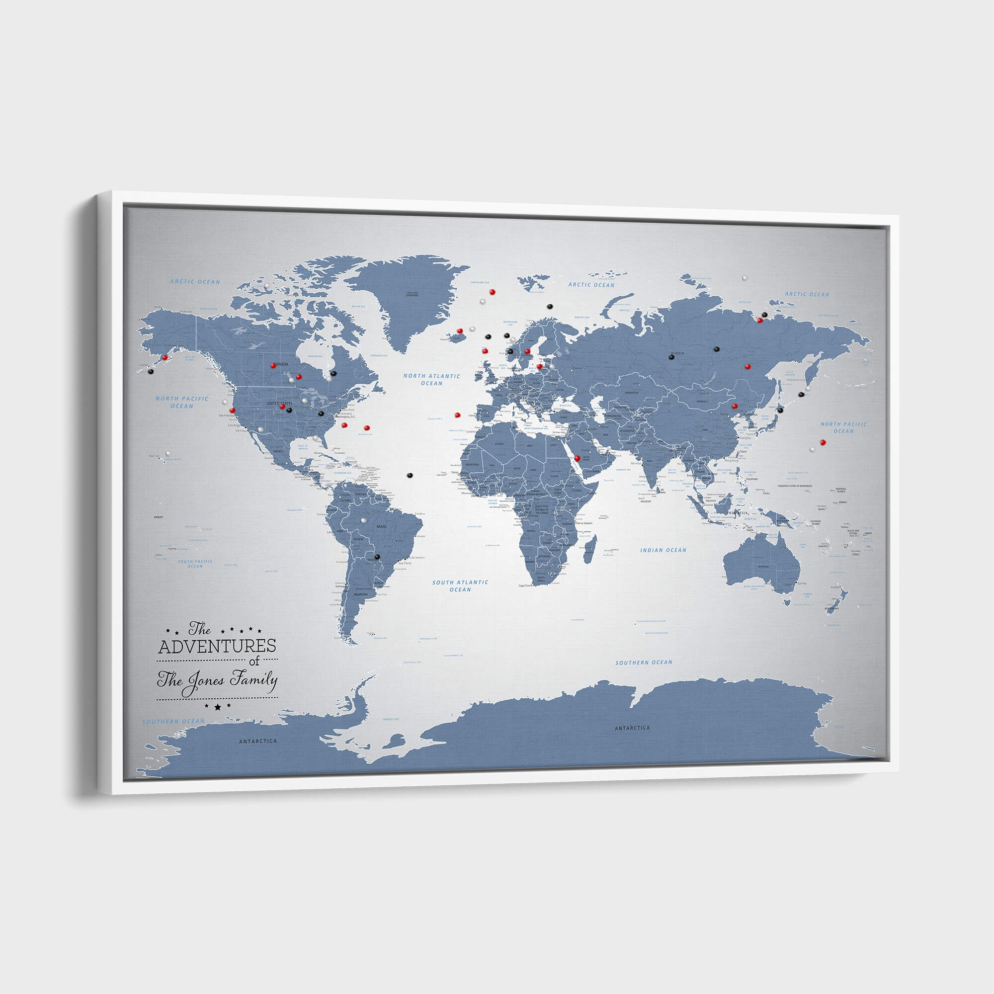 Canvas - Blue Ice World Push Pin Travel Map with pins