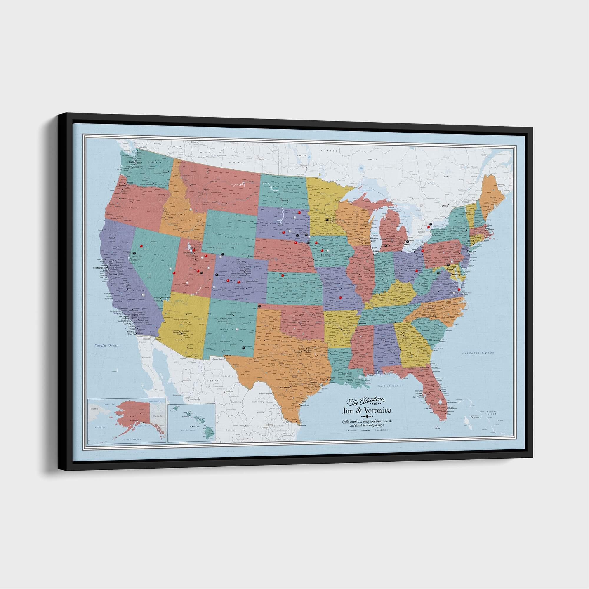 Canvas - Blue Oceans USA Travel Map with pins