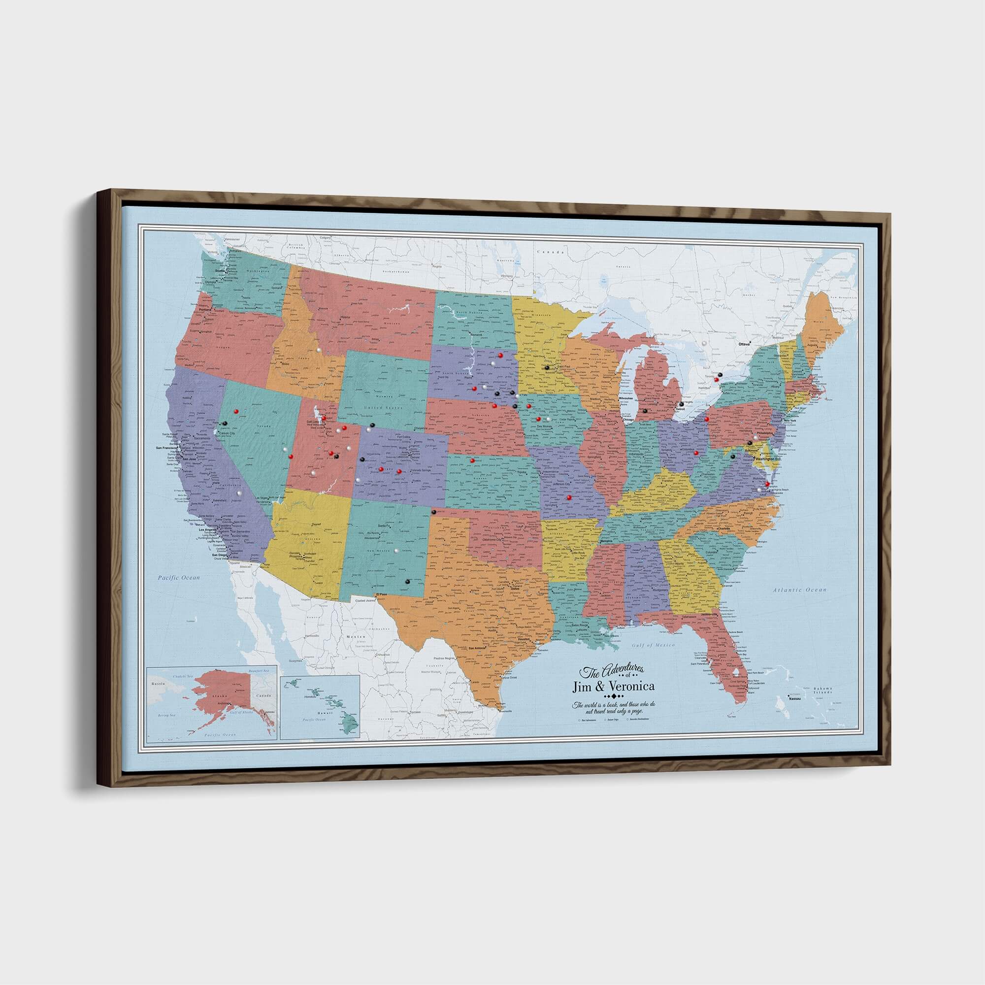 Canvas - Blue Oceans USA Travel Map with pins
