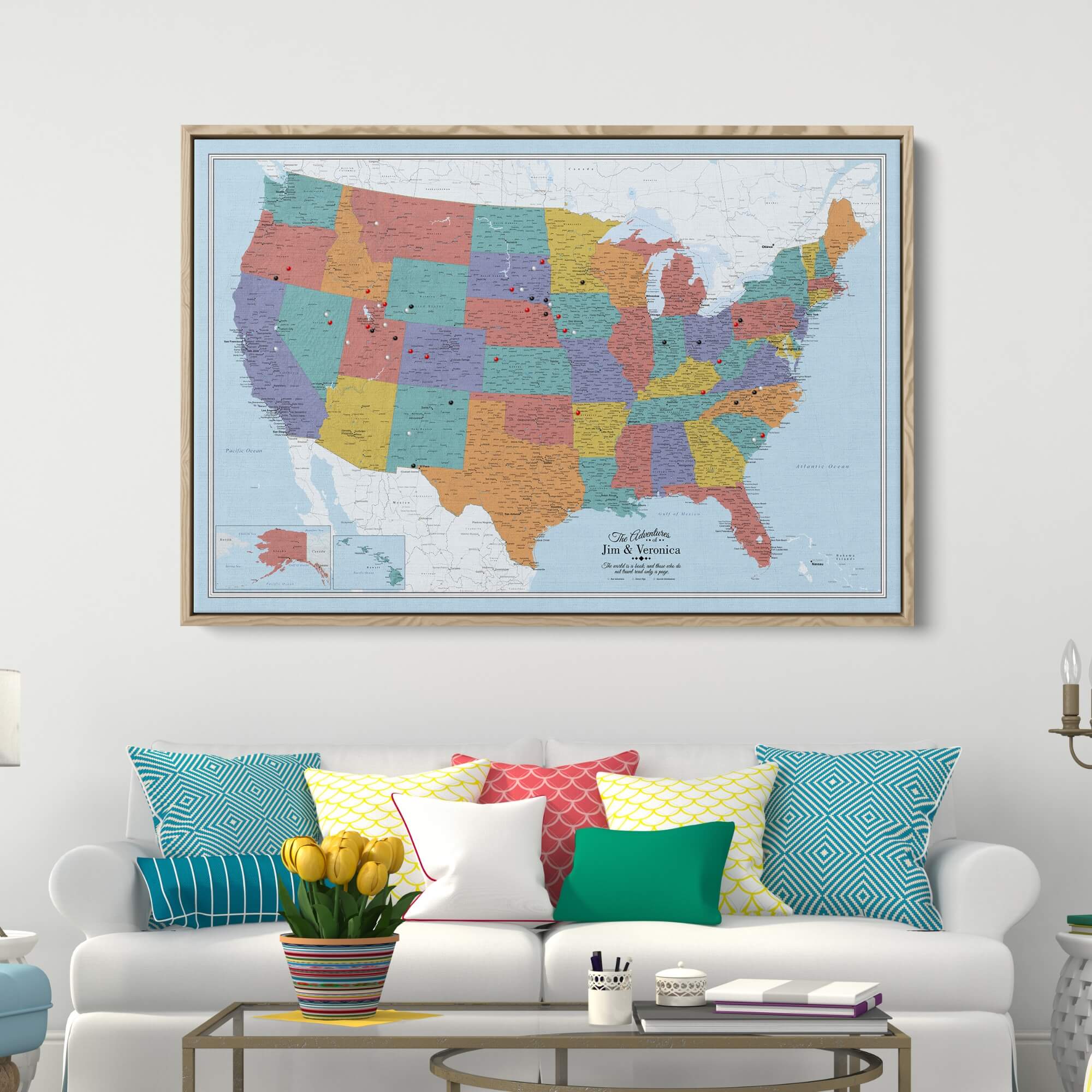 Canvas - Blue Oceans USA Travel Map with pins