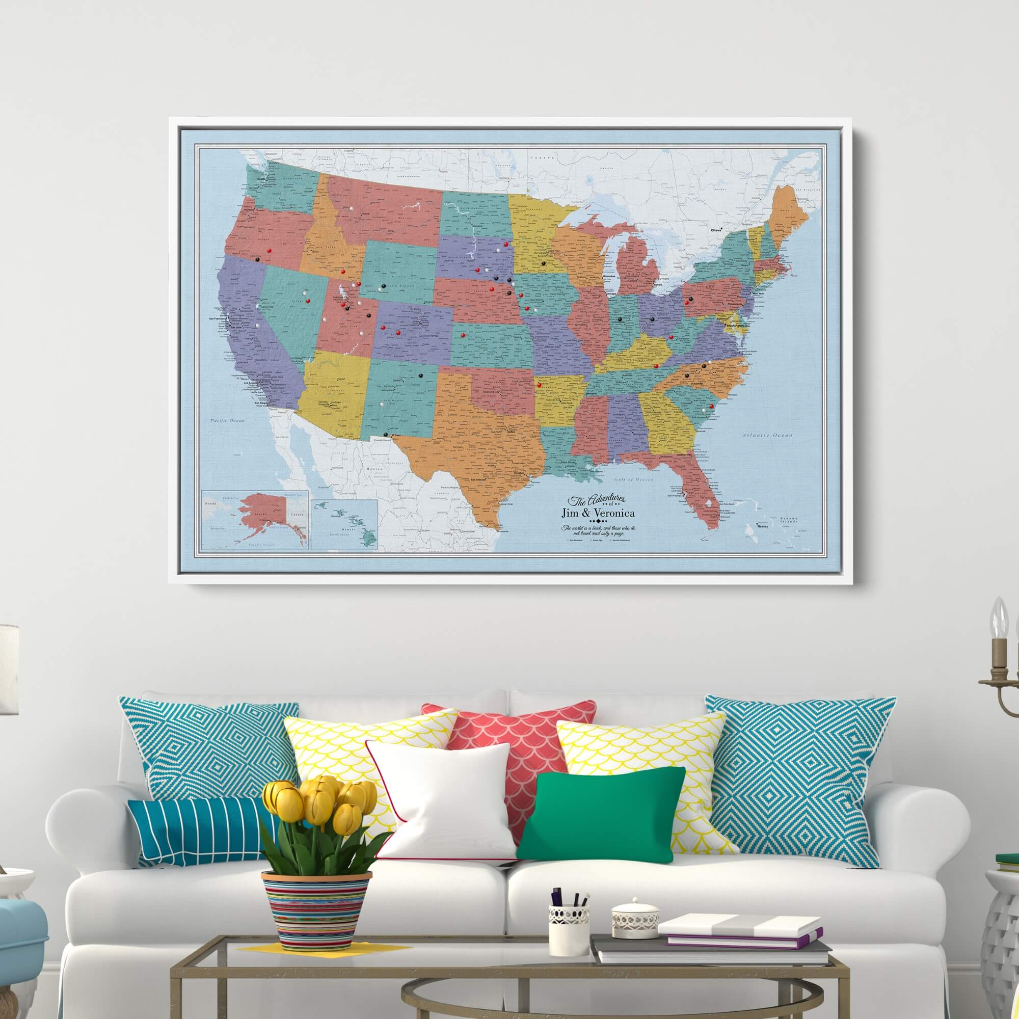 Canvas - Blue Oceans USA Travel Map with pins