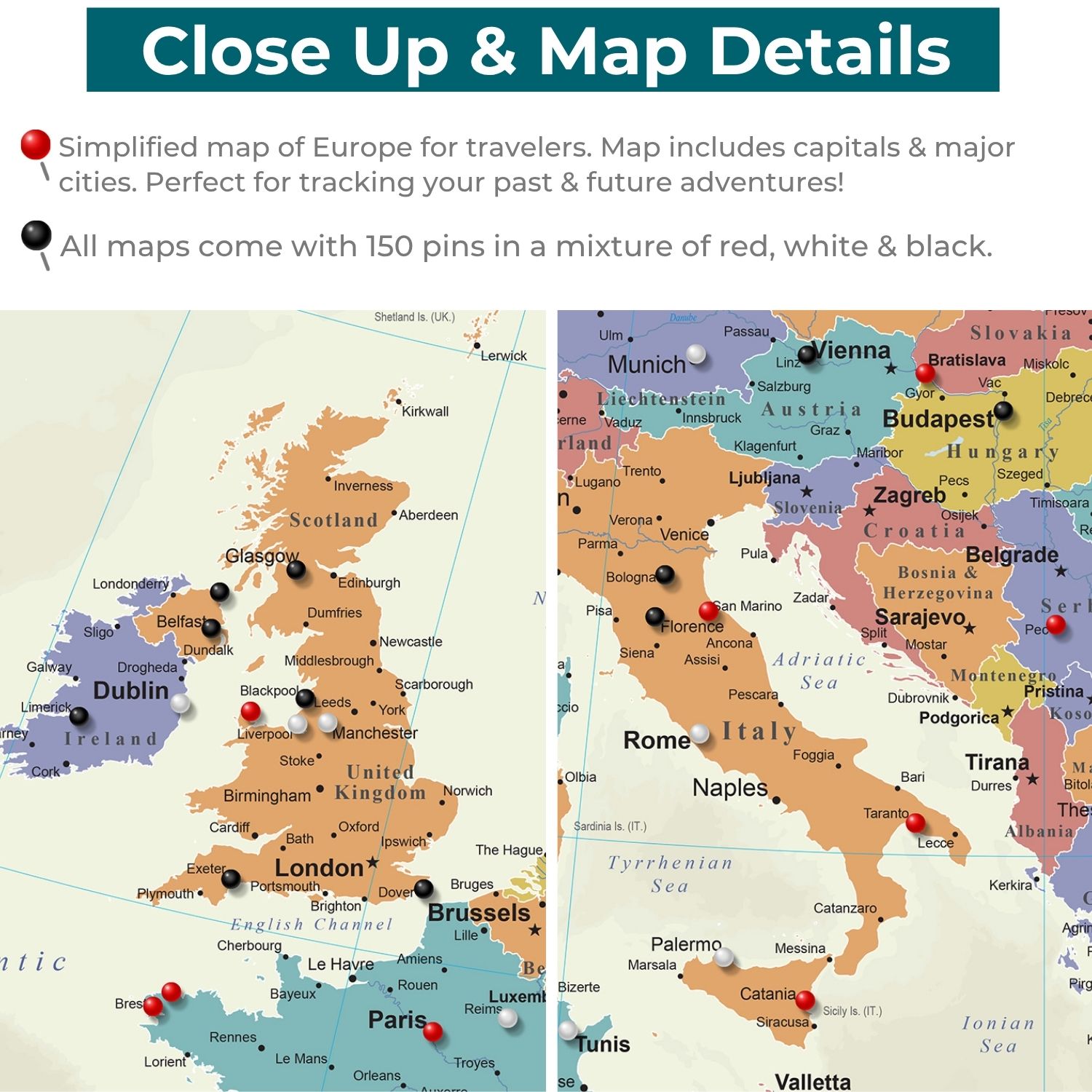 Close-up detail of tan ocean Europe canvas push pin travel map showing UK and Italy regions with red black and white pins marking cities