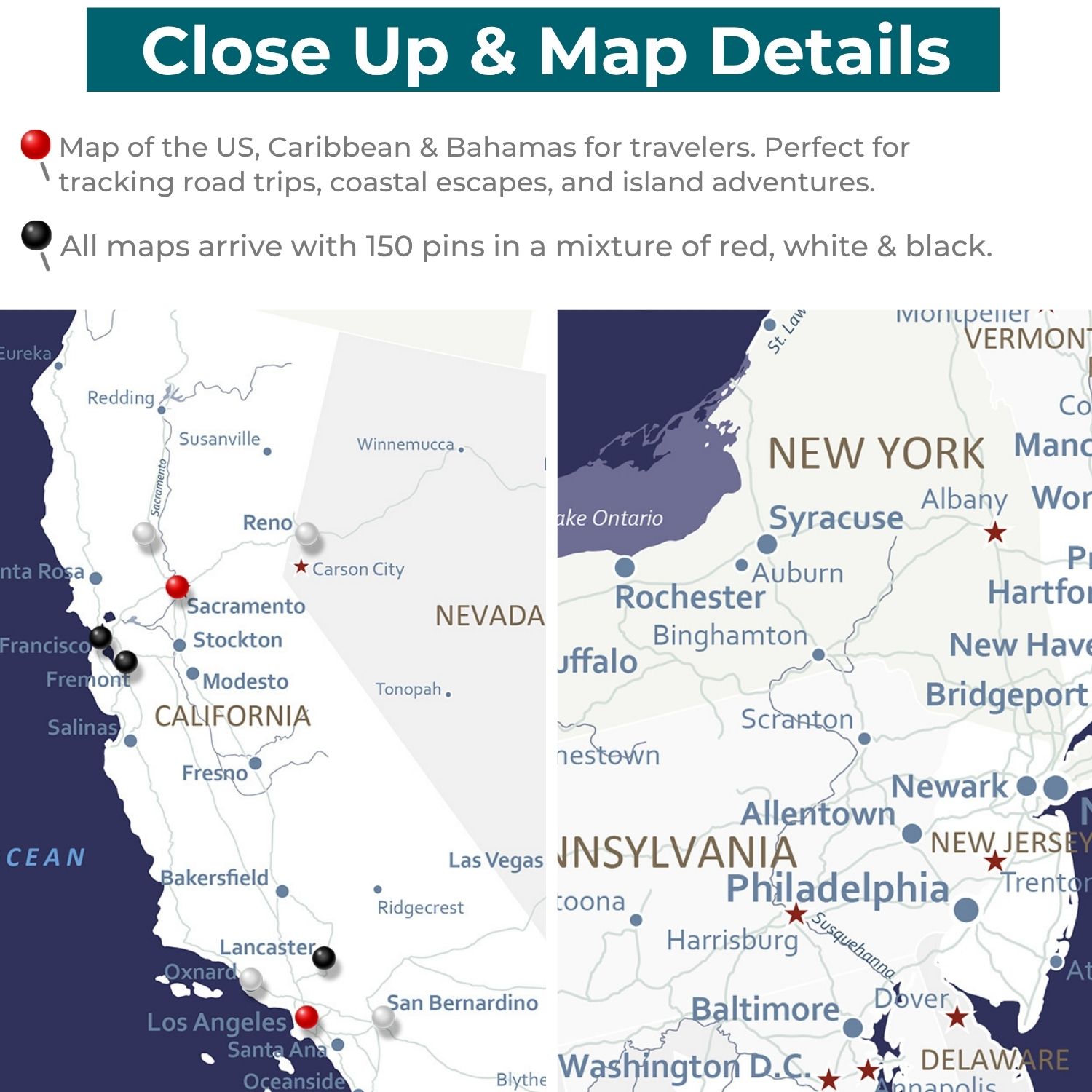 Close-up detail of navy canvas USA Caribbean travel map with red black white push pins marking California New York locations