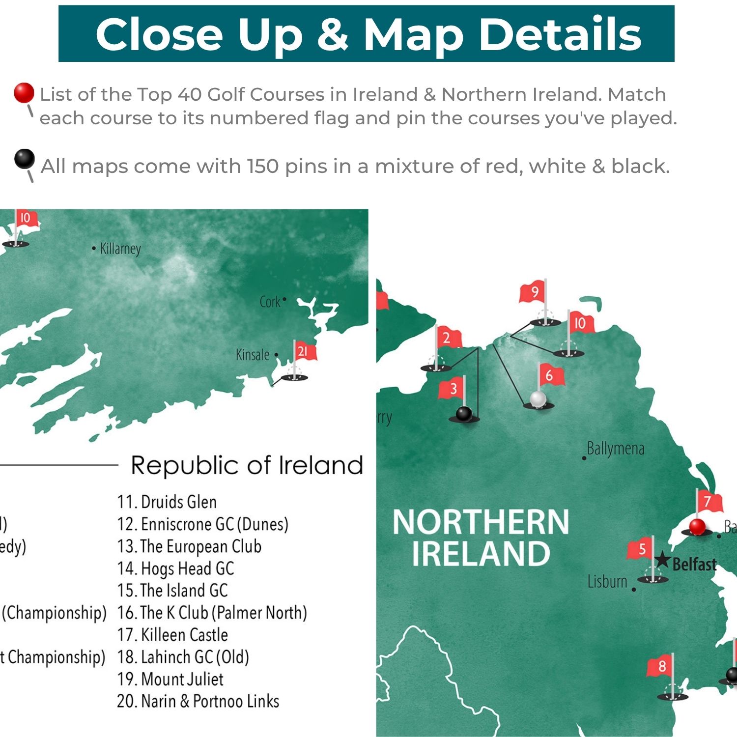 Gallery Wrapped - Ireland Golf Courses Travel Map with Pins
