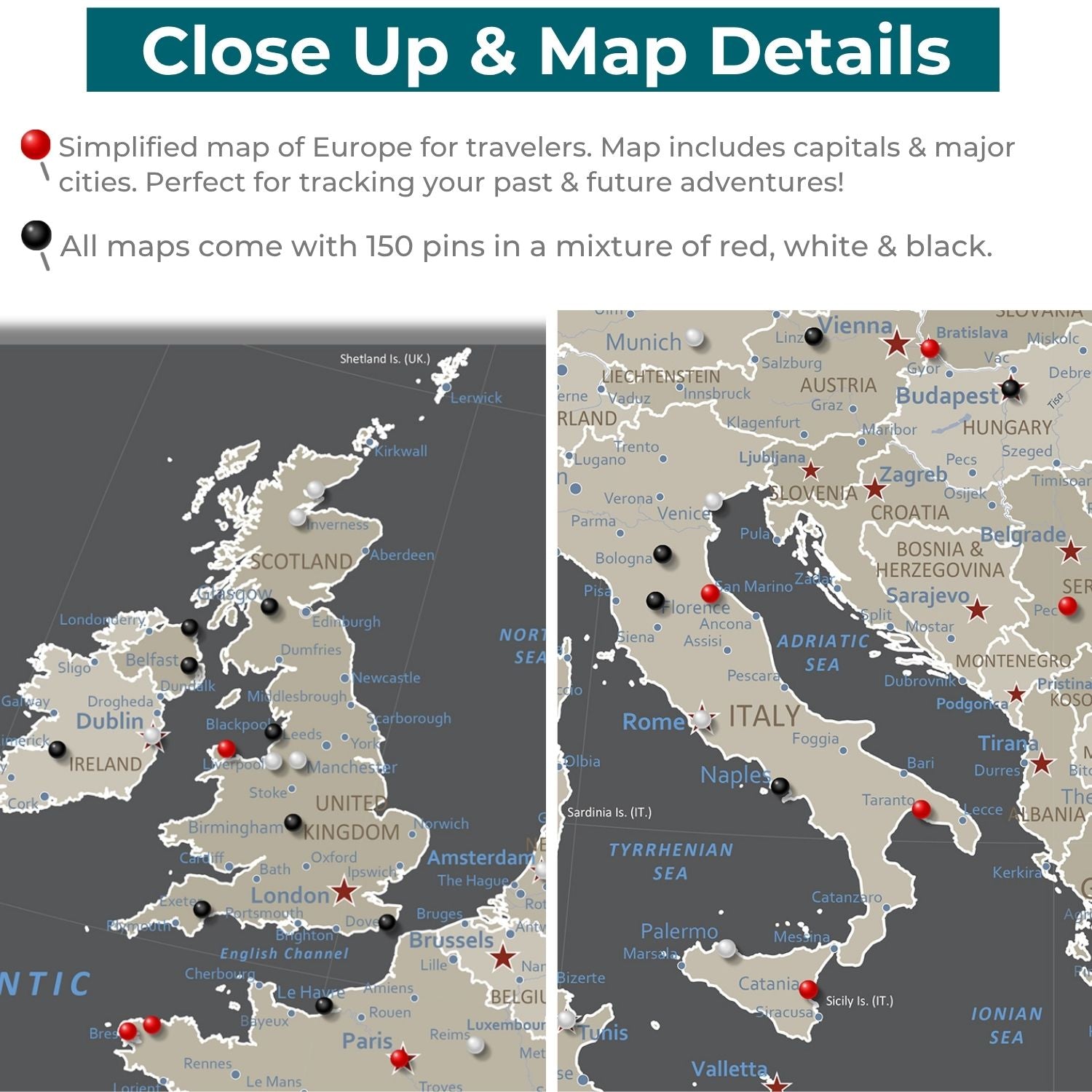 Close-up detail of earth toned Europe travel map with red black white pins marking cities