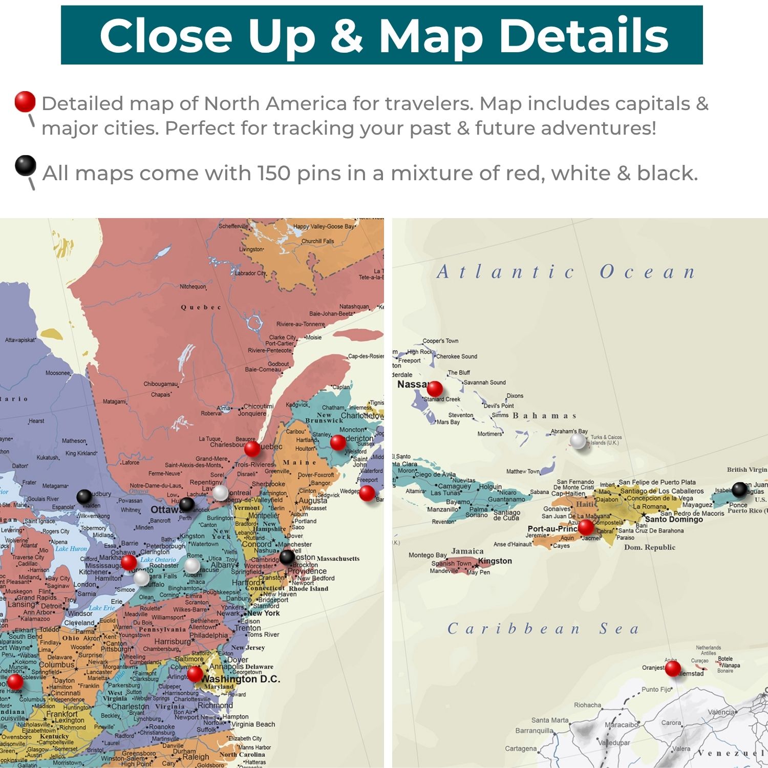 Close-up detail of tan ocean North America canvas travel map with red, white, black push pins marking cities