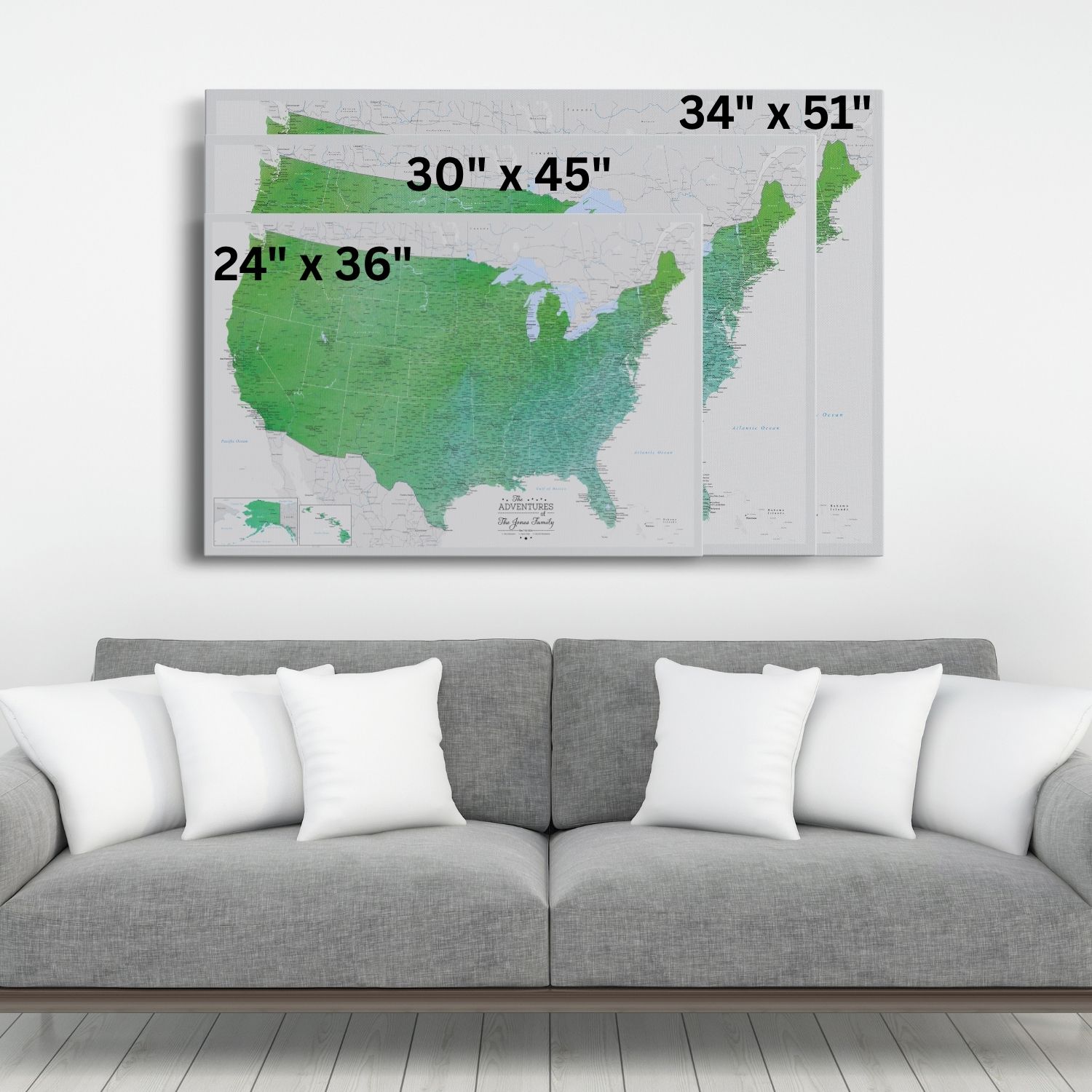 Enchanting Emerald watercolor USA travel map canvas displayed above gray sofa showing three size options