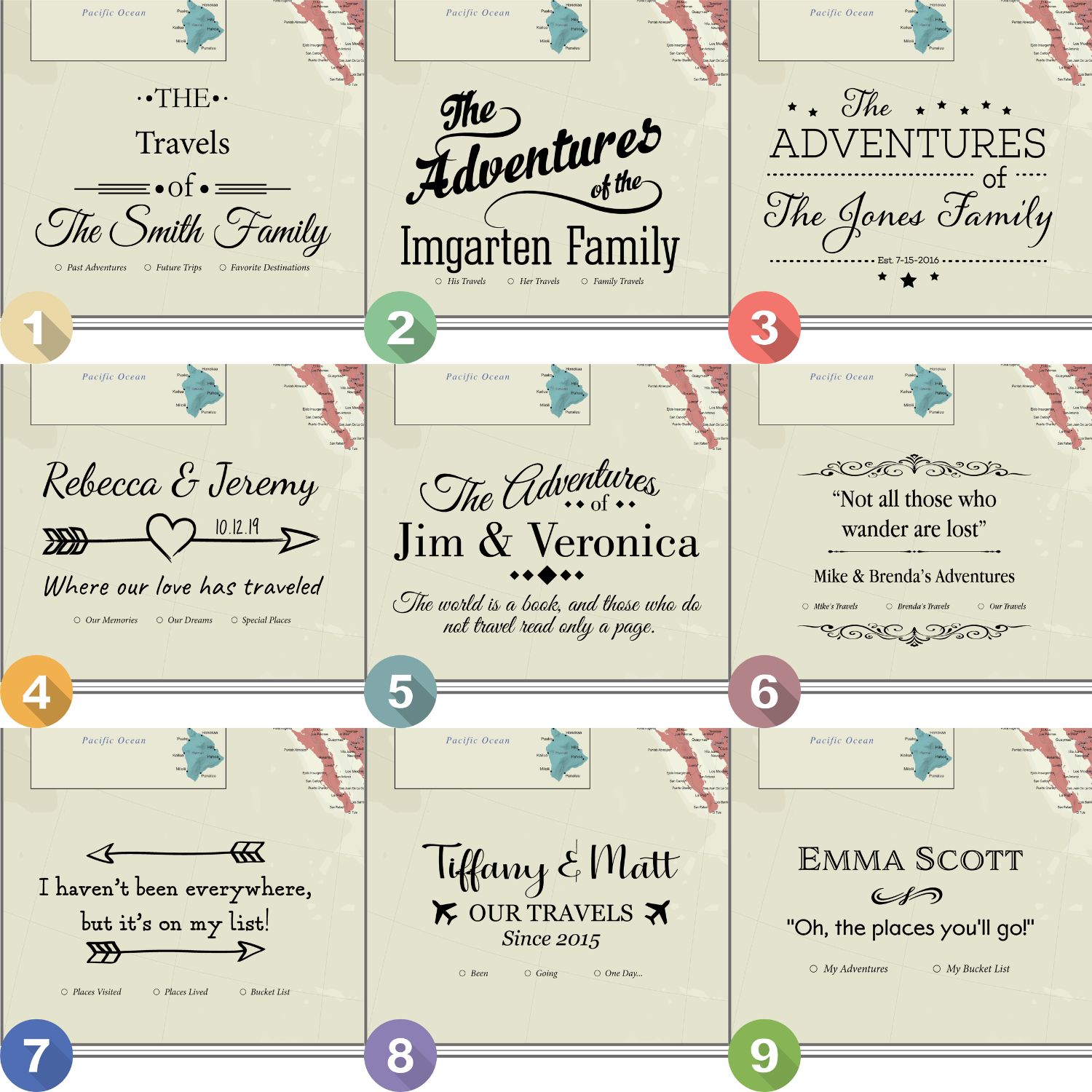 Nine personalized North America push pin travel map canvas styles with custom family name and quote options