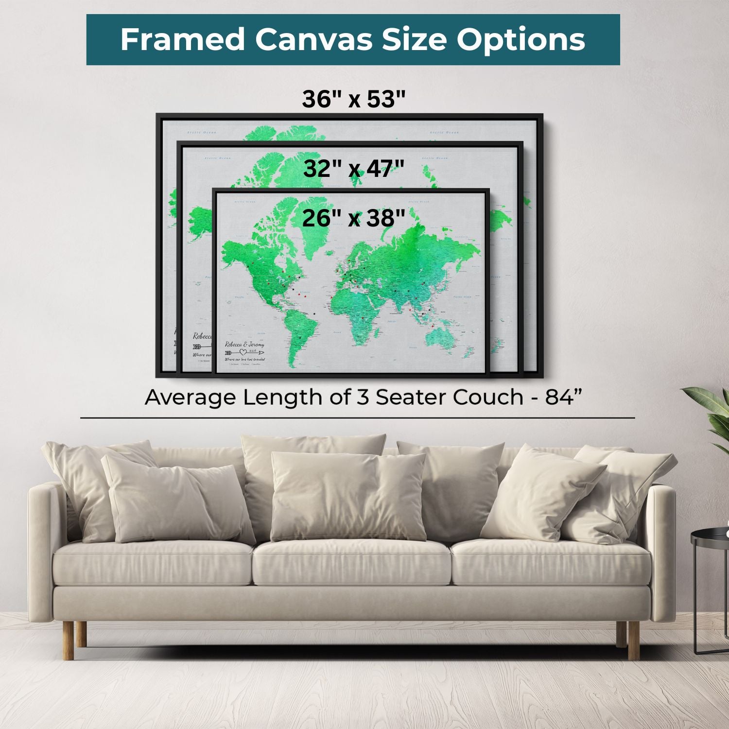 Canvas - Enchanting Emerald Watercolor World Travel Map with pins