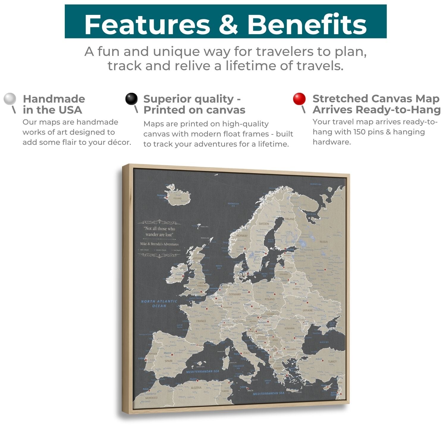 Earth toned Europe travel map canvas with wood float frame and red pins marking visited destinations