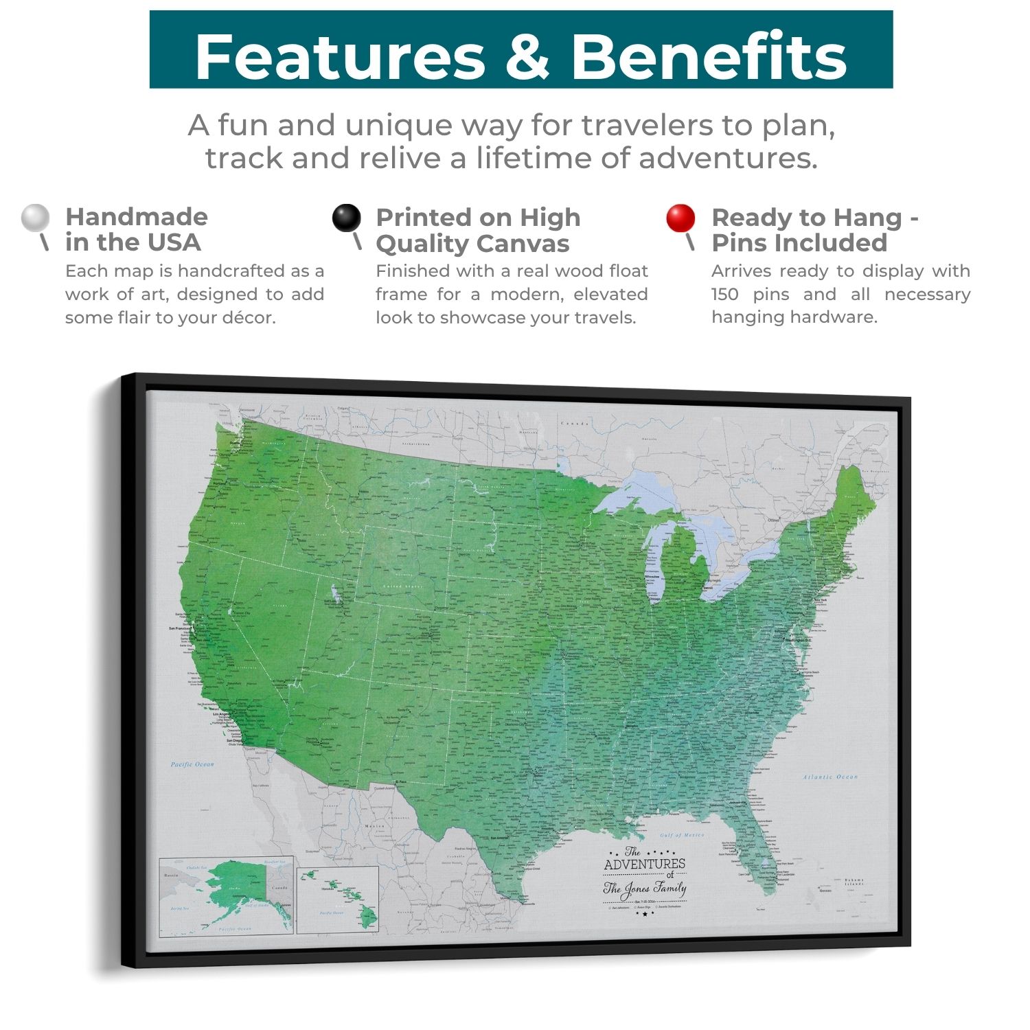 Enchanting Emerald watercolor USA travel map canvas features benefits infographic with black float frame