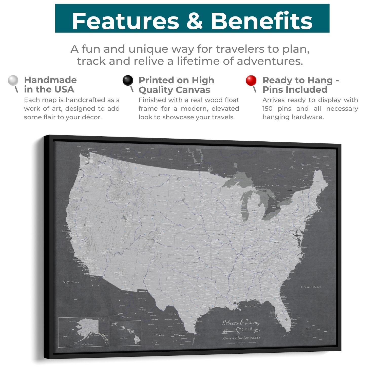 Stormy Dreams USA travel map canvas with pins features benefits infographic black float frame