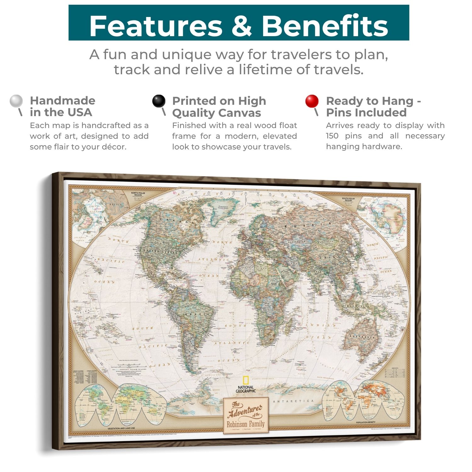 Features and benefits infographic for Executive World Travel Map canvas with Frame
