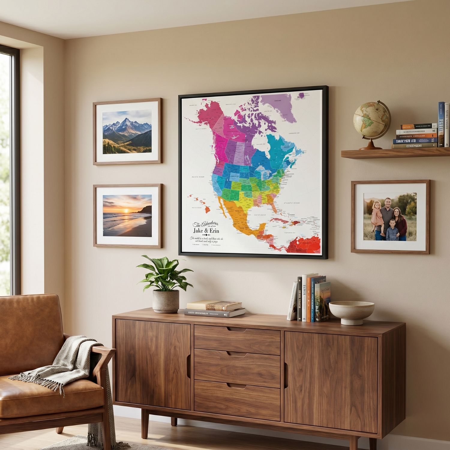Colorful North America travel map canvas framed in black displayed in modern living room gallery wall