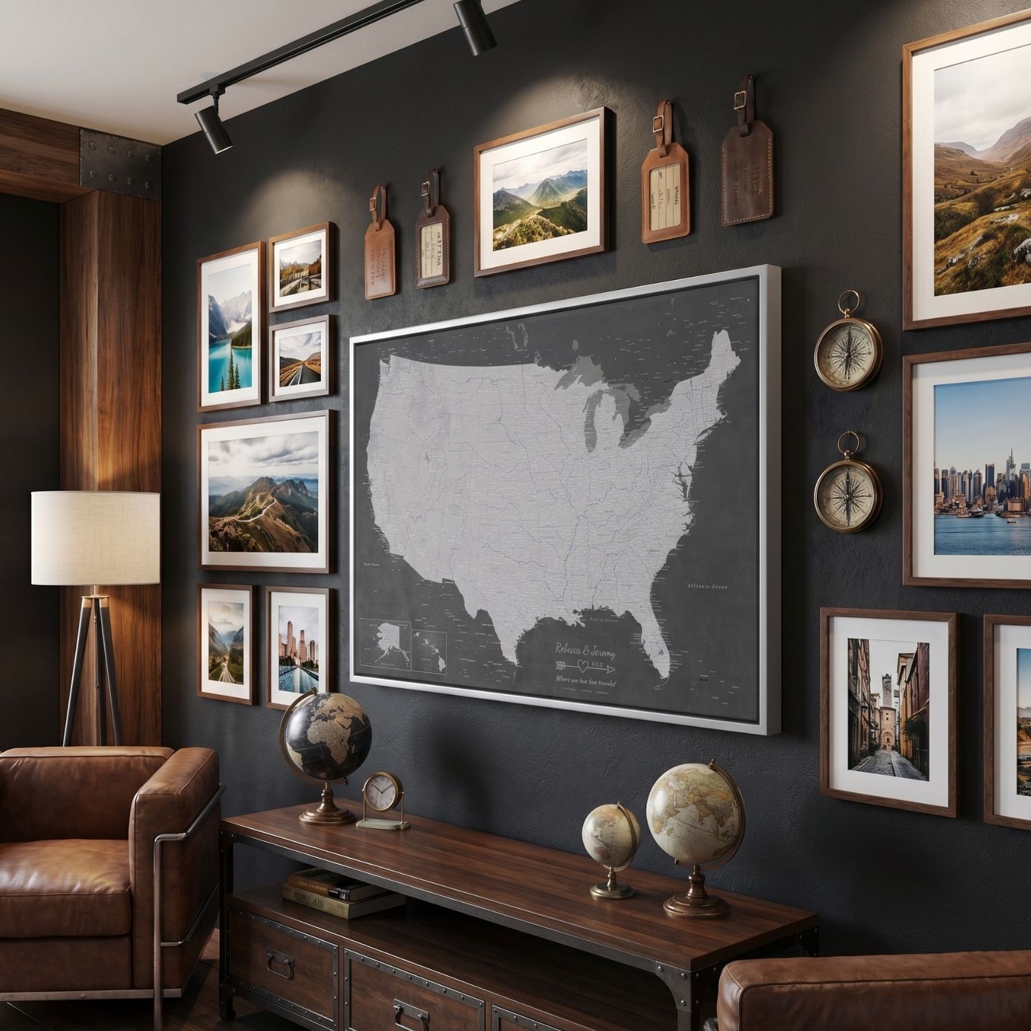 Stormy Dreams USA travel map canvas with pins displayed in stylish travel-themed home office gallery wall