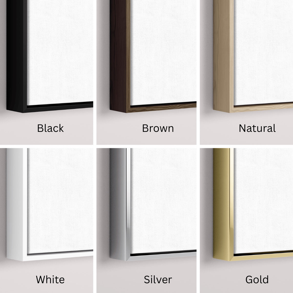 Six canvas frame color options close-up showing black brown natural white silver and gold finishes