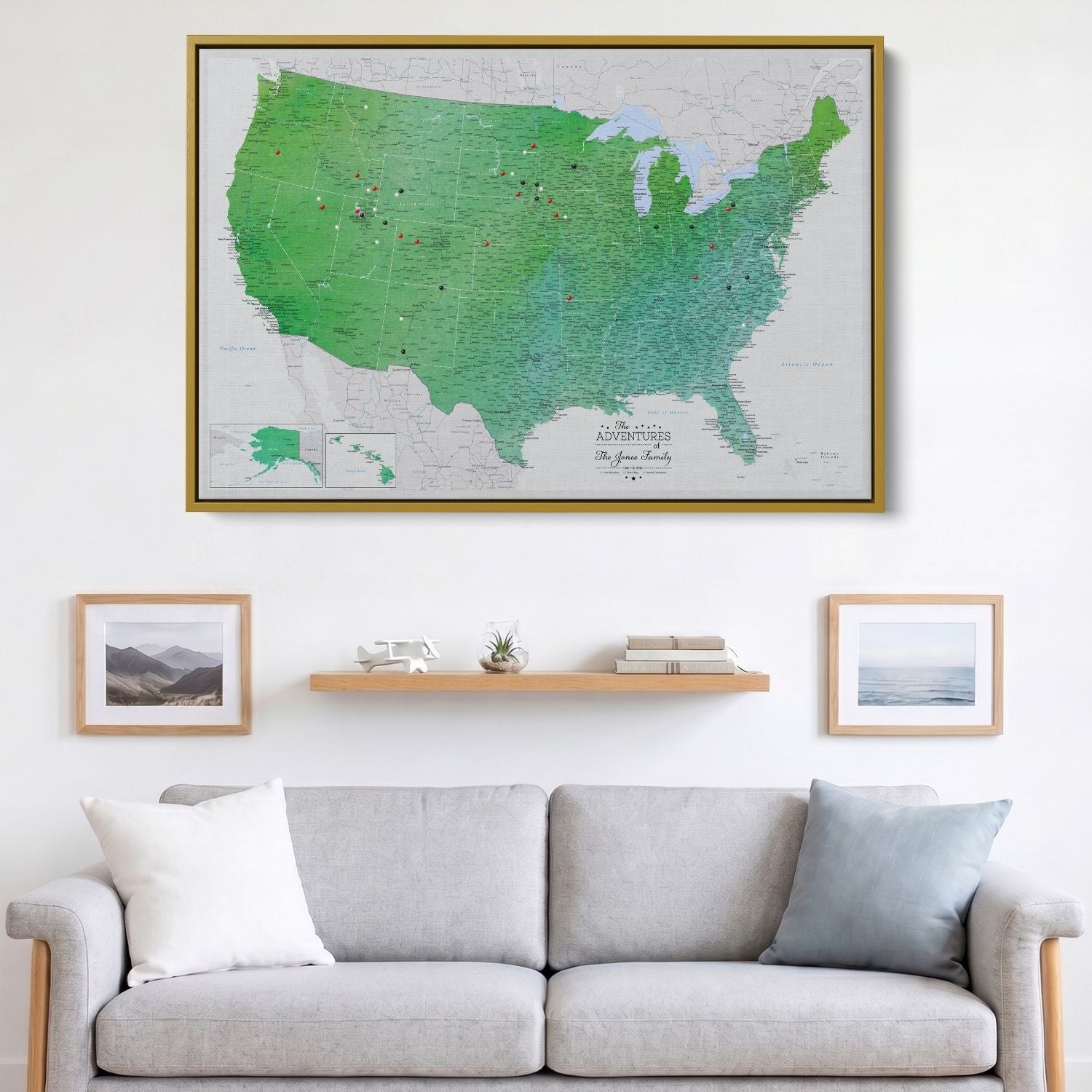 Enchanting Emerald watercolor USA travel map canvas with pins hanging above modern living room sofa