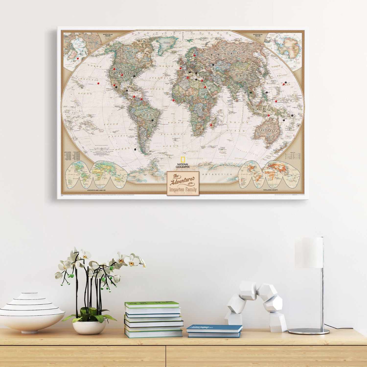 Gallery Wrapped - Executive World Travel Map with pins