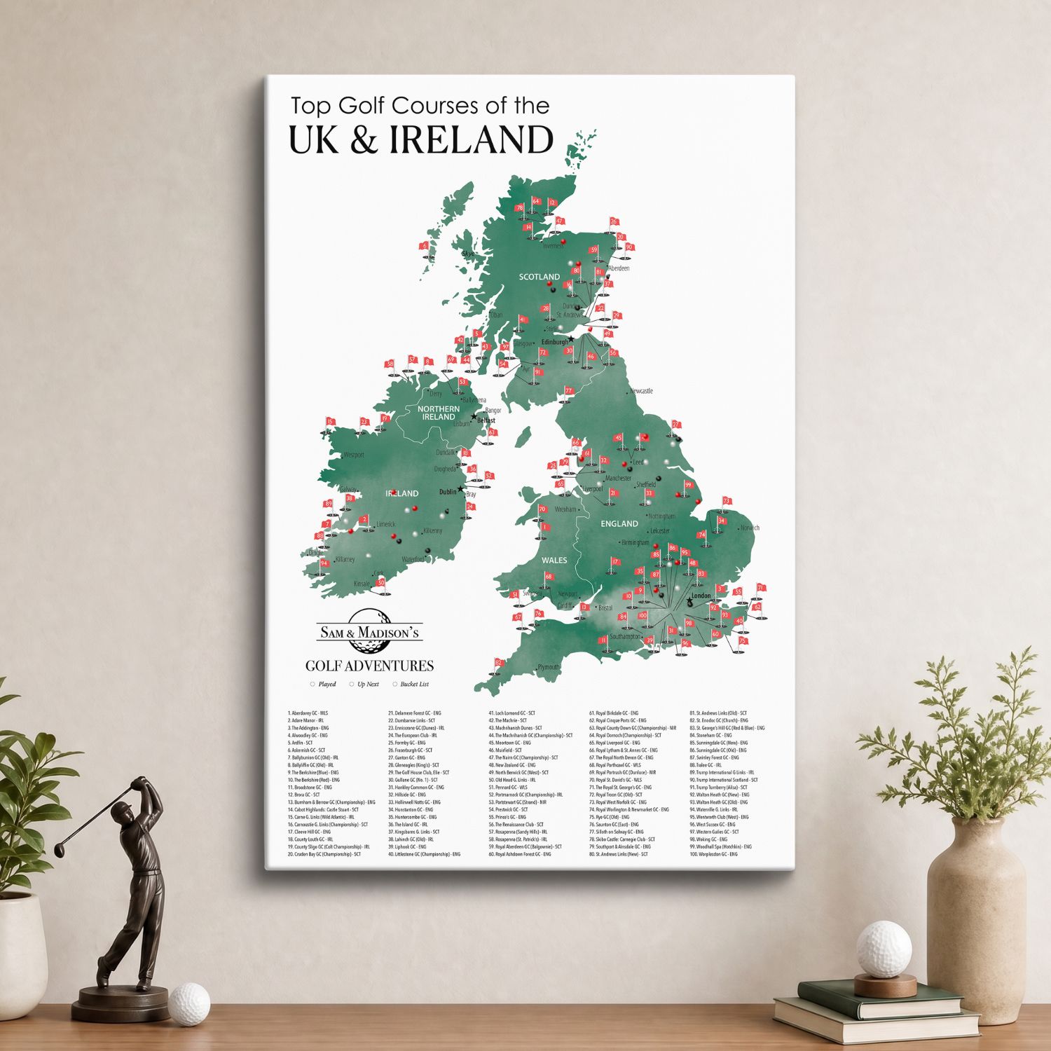 Gallery Wrapped - The UK and Ireland Golf Courses Travel Map with Pins