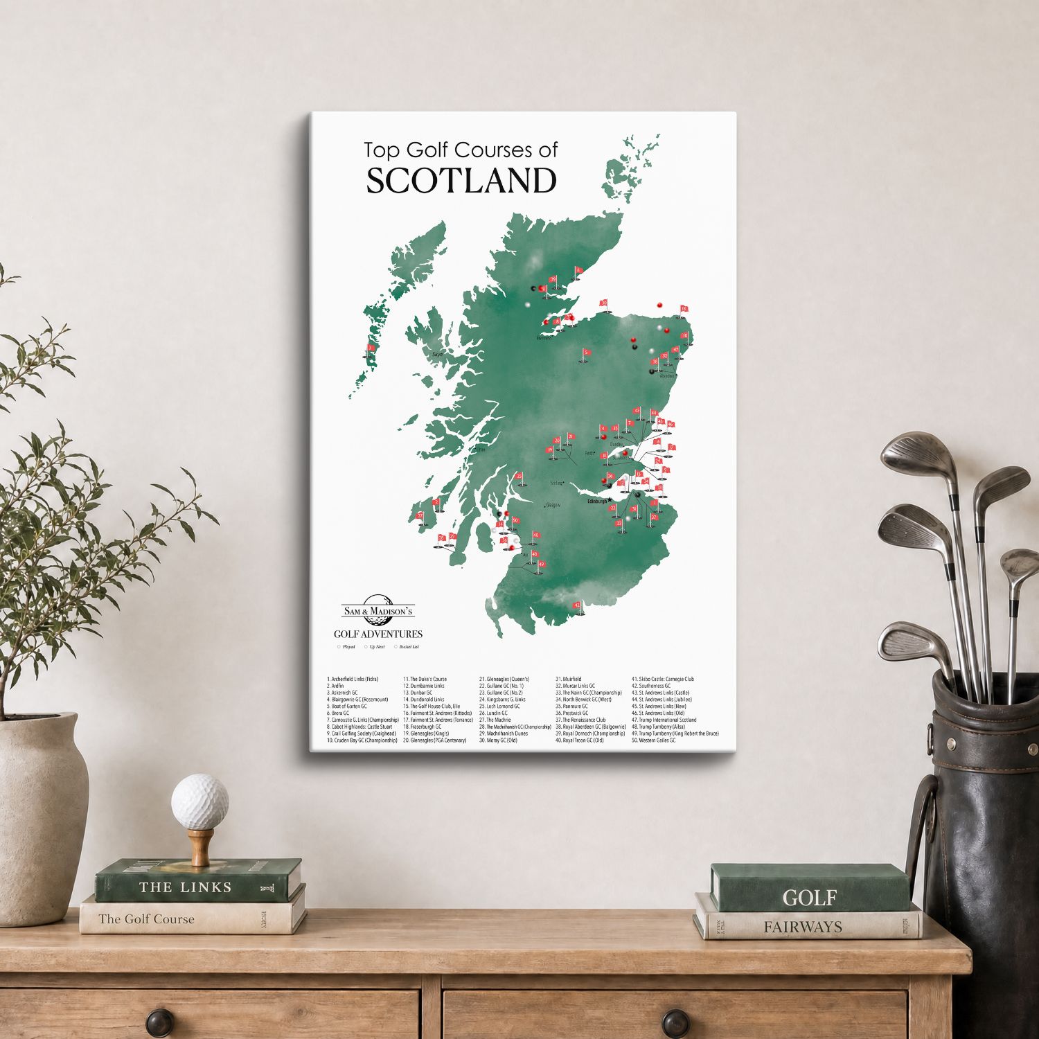 Gallery Wrapped - Scotland Golf Courses Travel Map with Pins