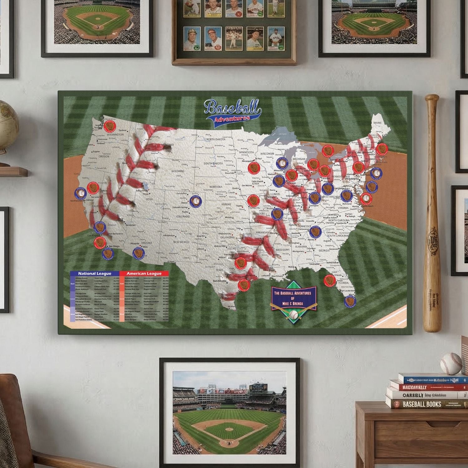 Personalized Baseball Adventures USA push pin travel map canvas displayed on baseball-themed gallery wall with stadium prints
