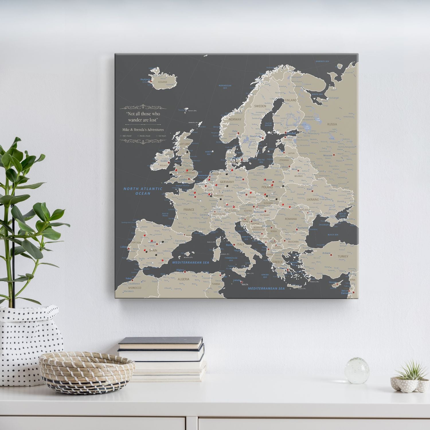 Gallery Wrapped - Earth Toned Europe Travel Map with Pins - Square Style