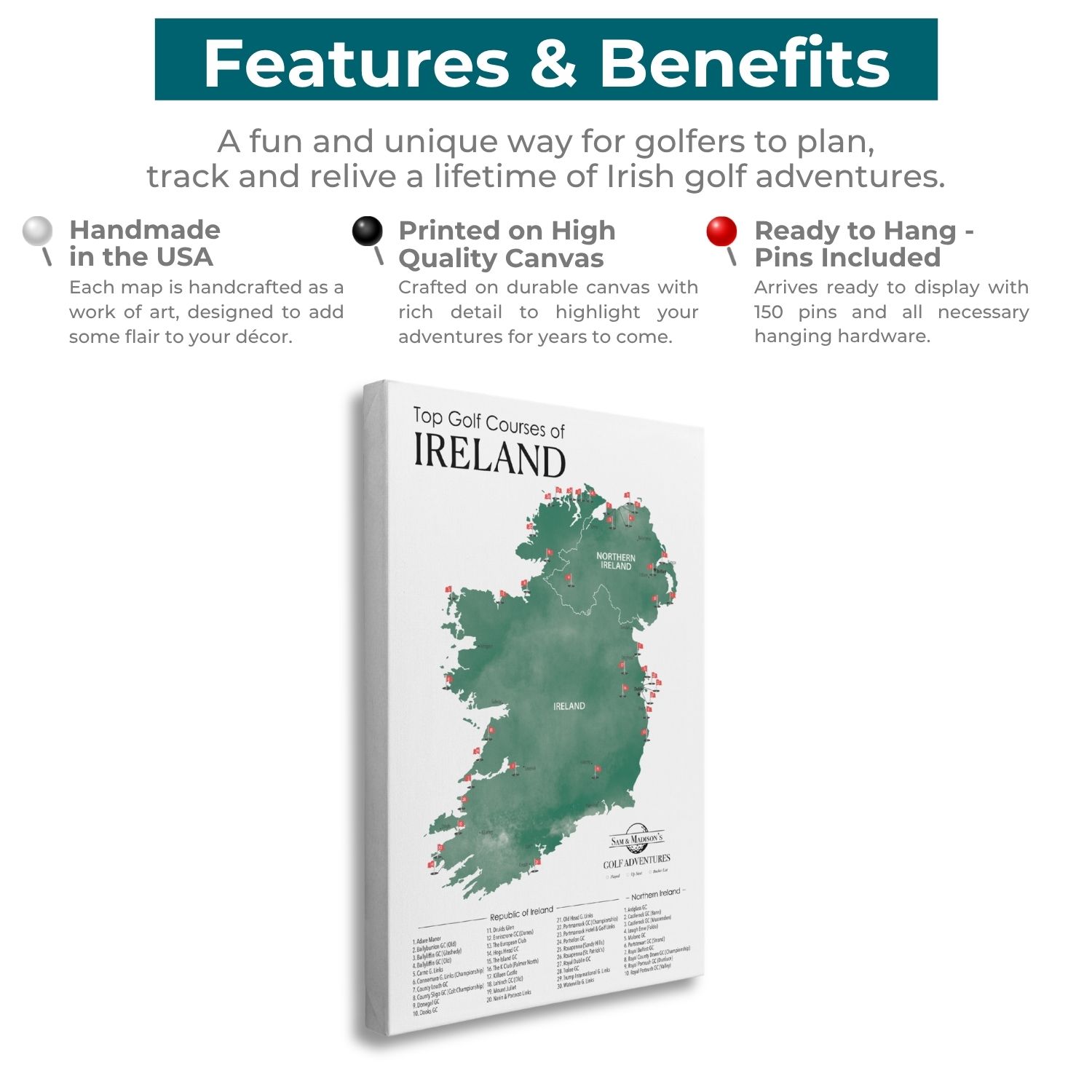 Gallery Wrapped - Ireland Golf Courses Travel Map with Pins