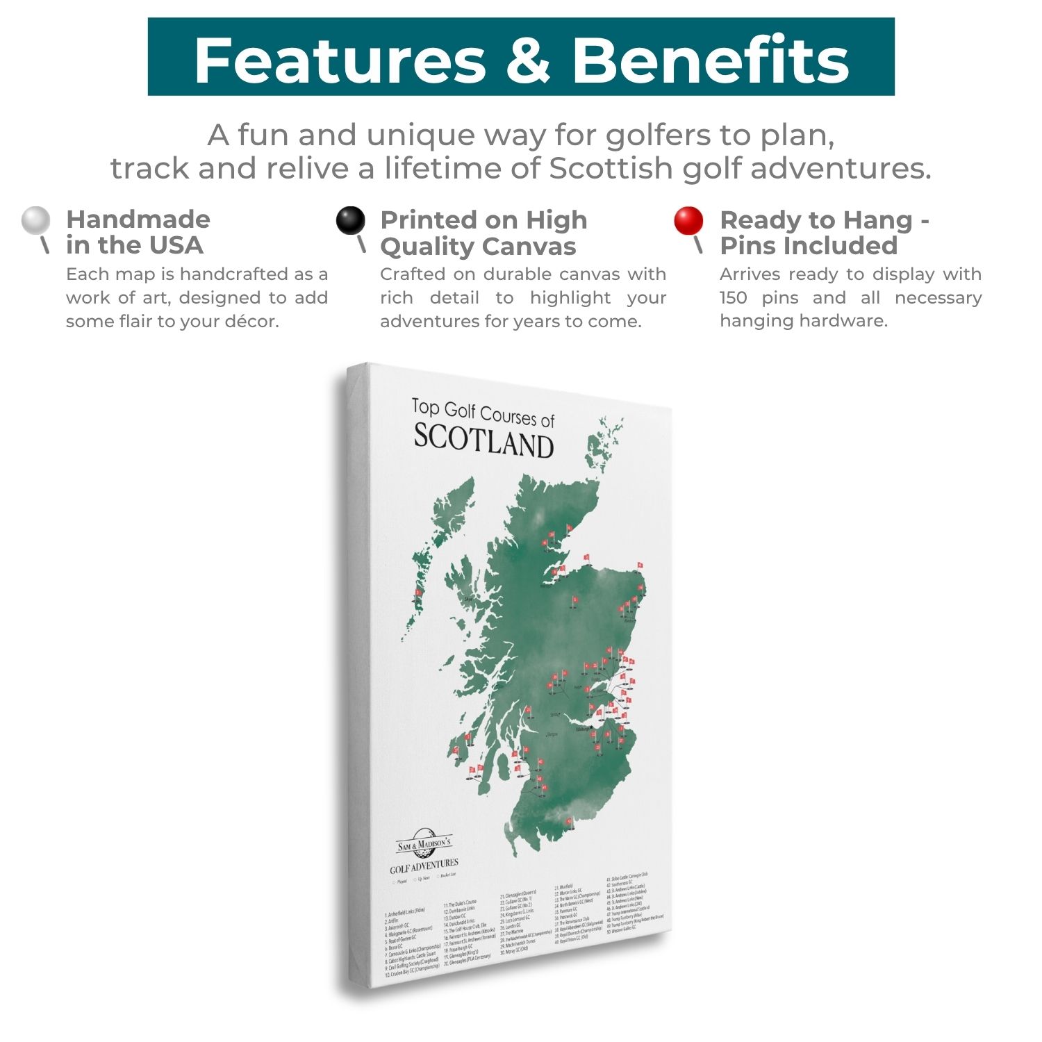 Gallery Wrapped - Scotland Golf Courses Travel Map with Pins
