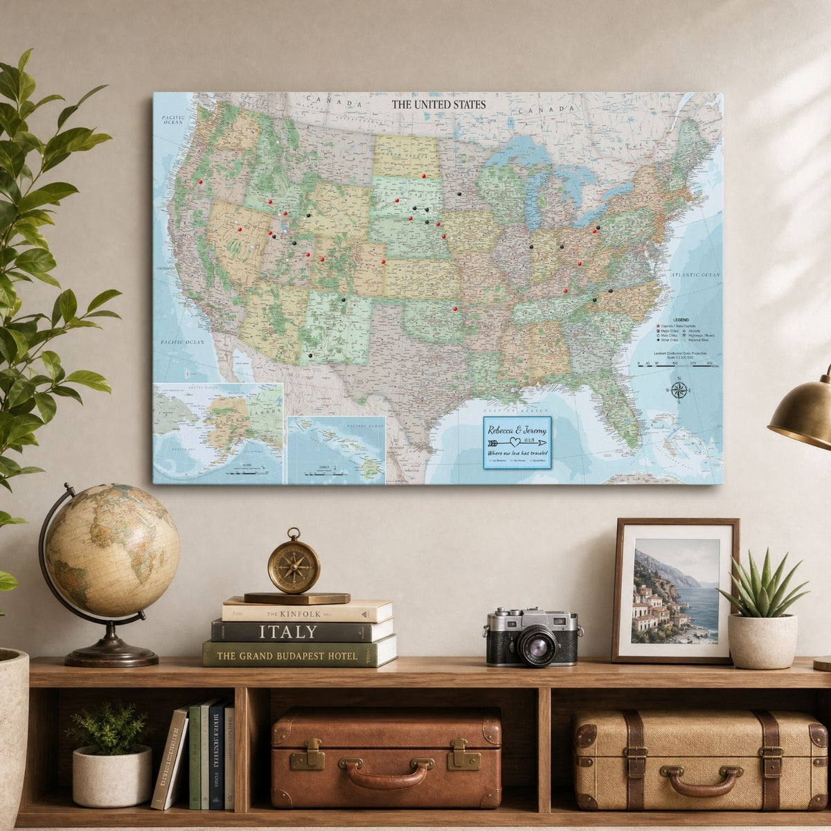 Gallery Wrapped - Signature USA Travel Map with pins - Stretched Canvas