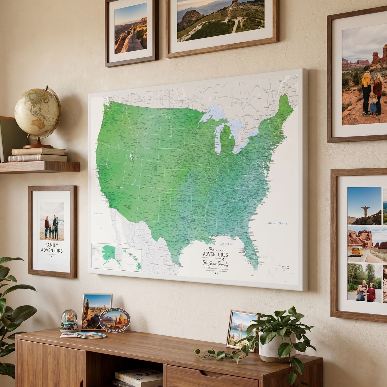 Enchanting Emerald watercolor US travel map canvas displayed on beige gallery wall with travel photos and globe decor