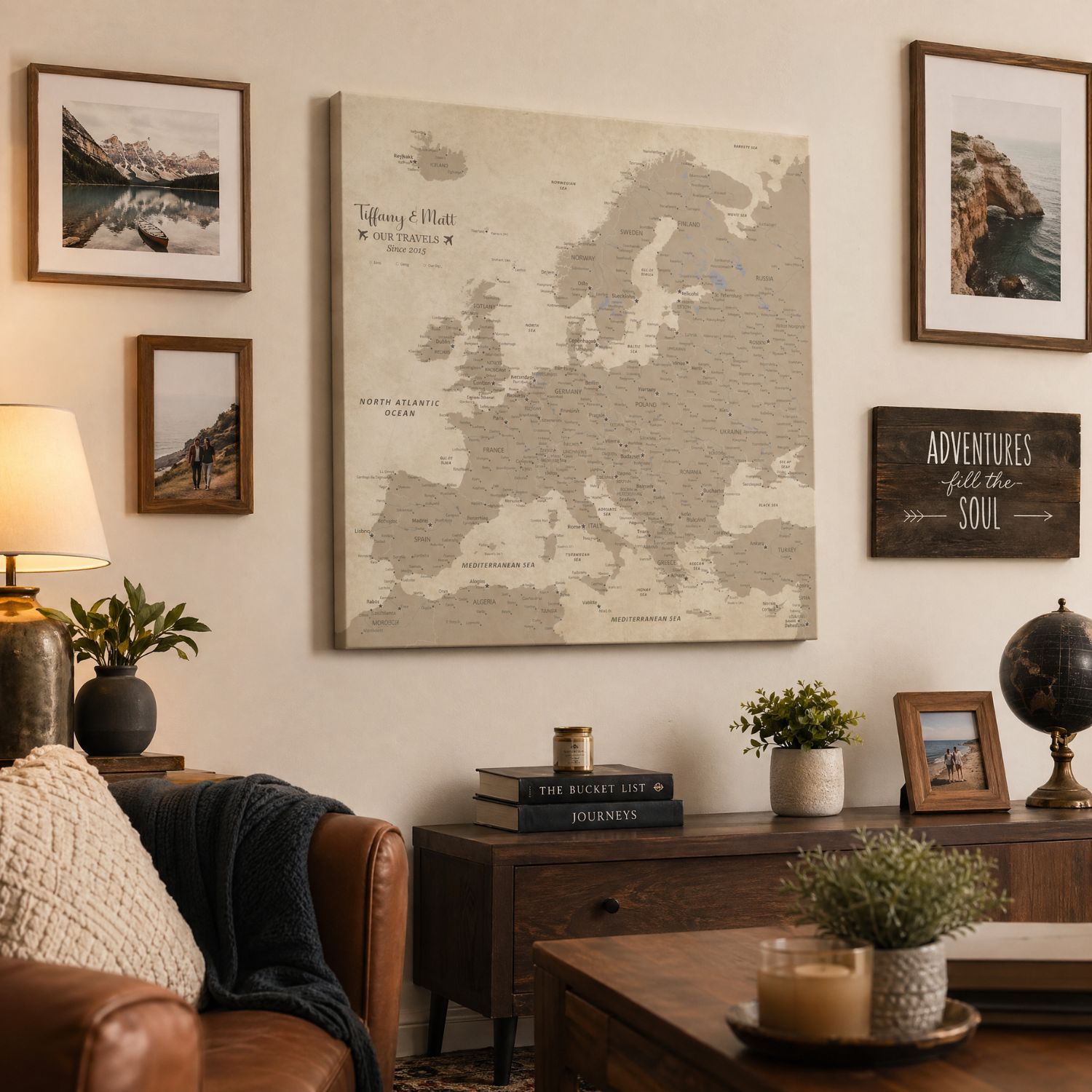 Vintage Europe travel map canvas with pins displayed in cozy living room gallery wall setting