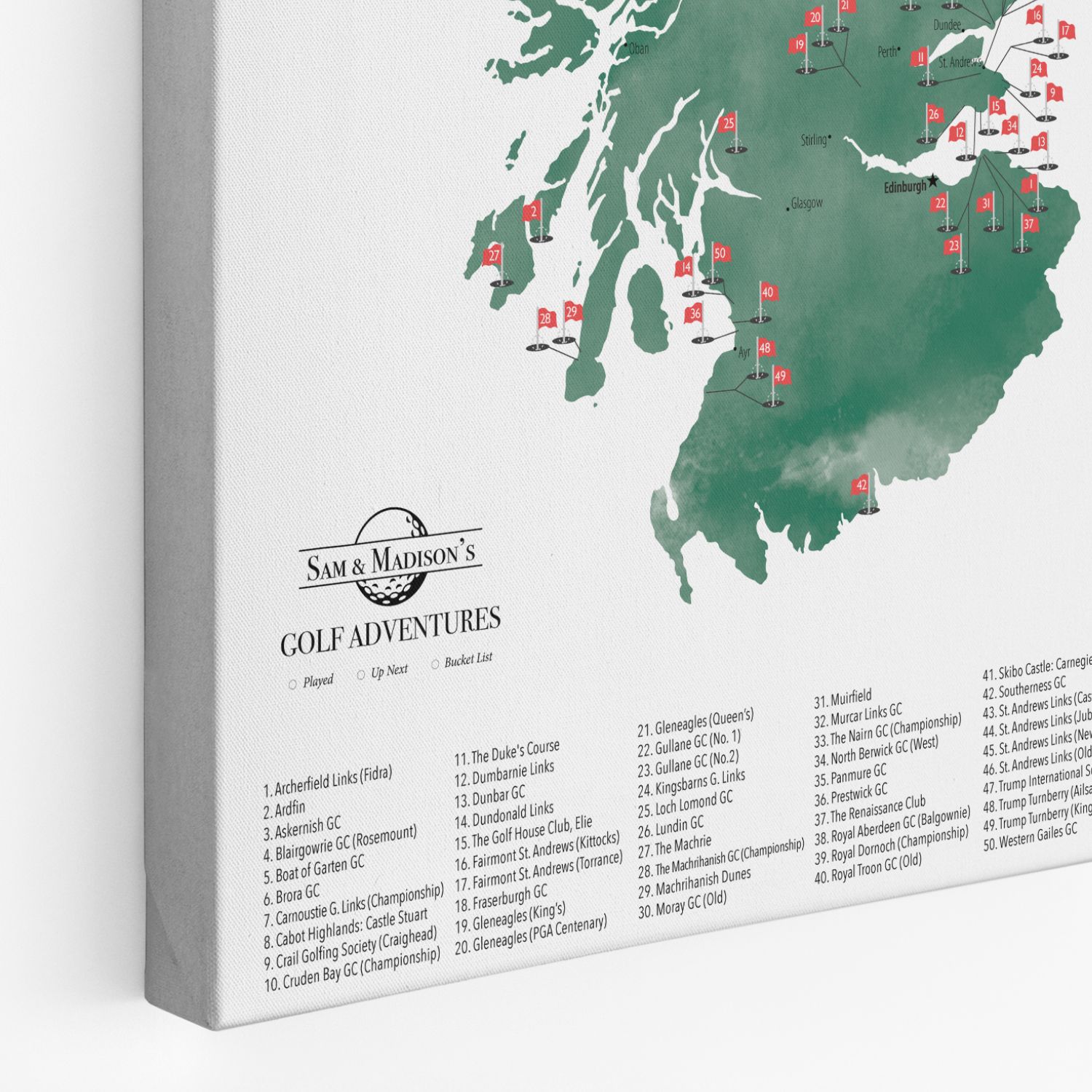 Gallery Wrapped - Scotland Golf Courses Travel Map with Pins
